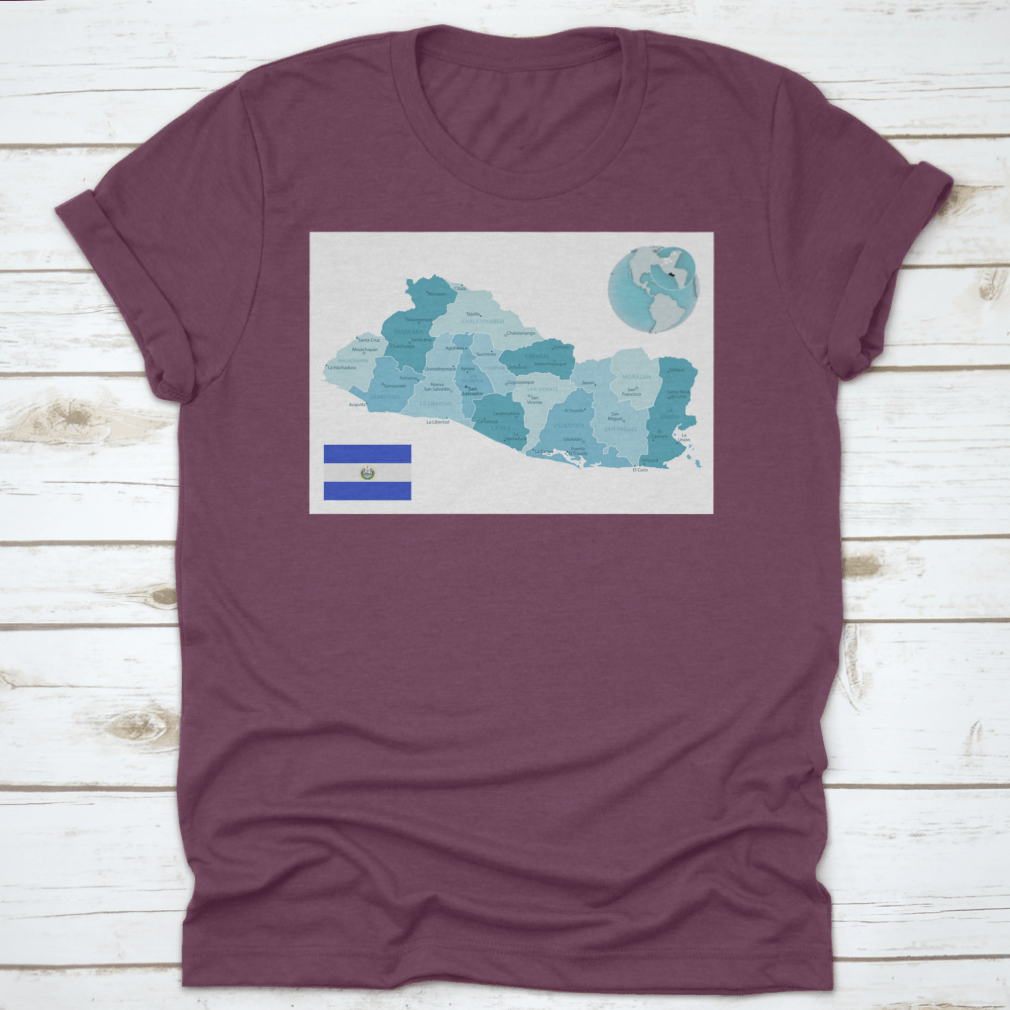 El Salvador Administrative Blue-Green Map T-shirt featuring the country's flag and vibrant map design.