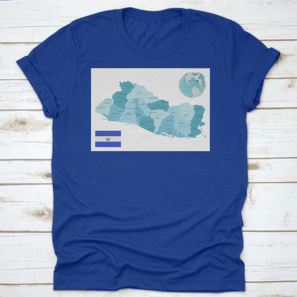 El Salvador Administrative Blue-Green Map T-shirt featuring the country's flag and vibrant map design.