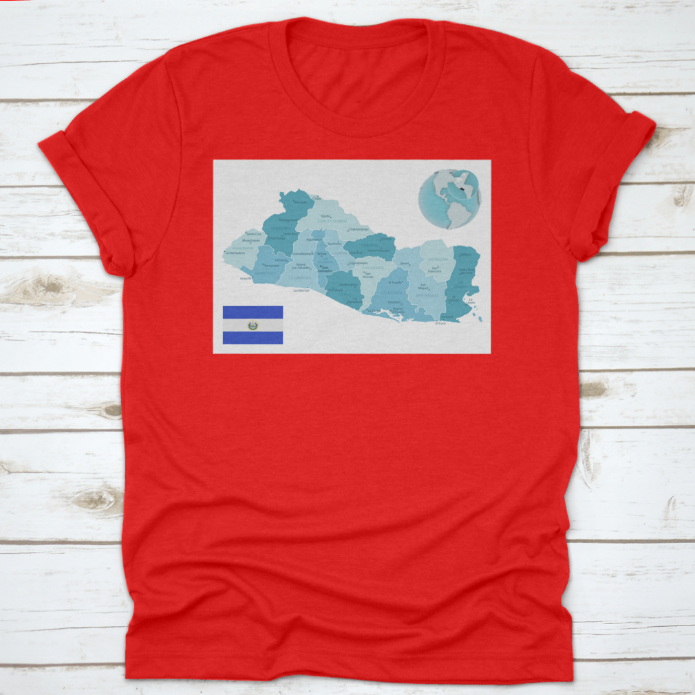 El Salvador Administrative Blue-Green Map T-shirt featuring the country's flag and vibrant map design.