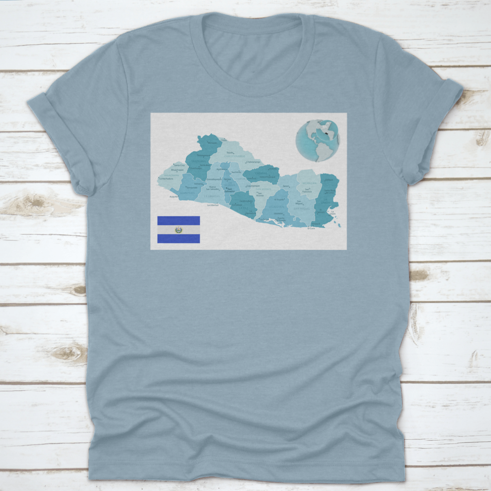 El Salvador Administrative Blue-Green Map T-shirt featuring the country's flag and vibrant map design.