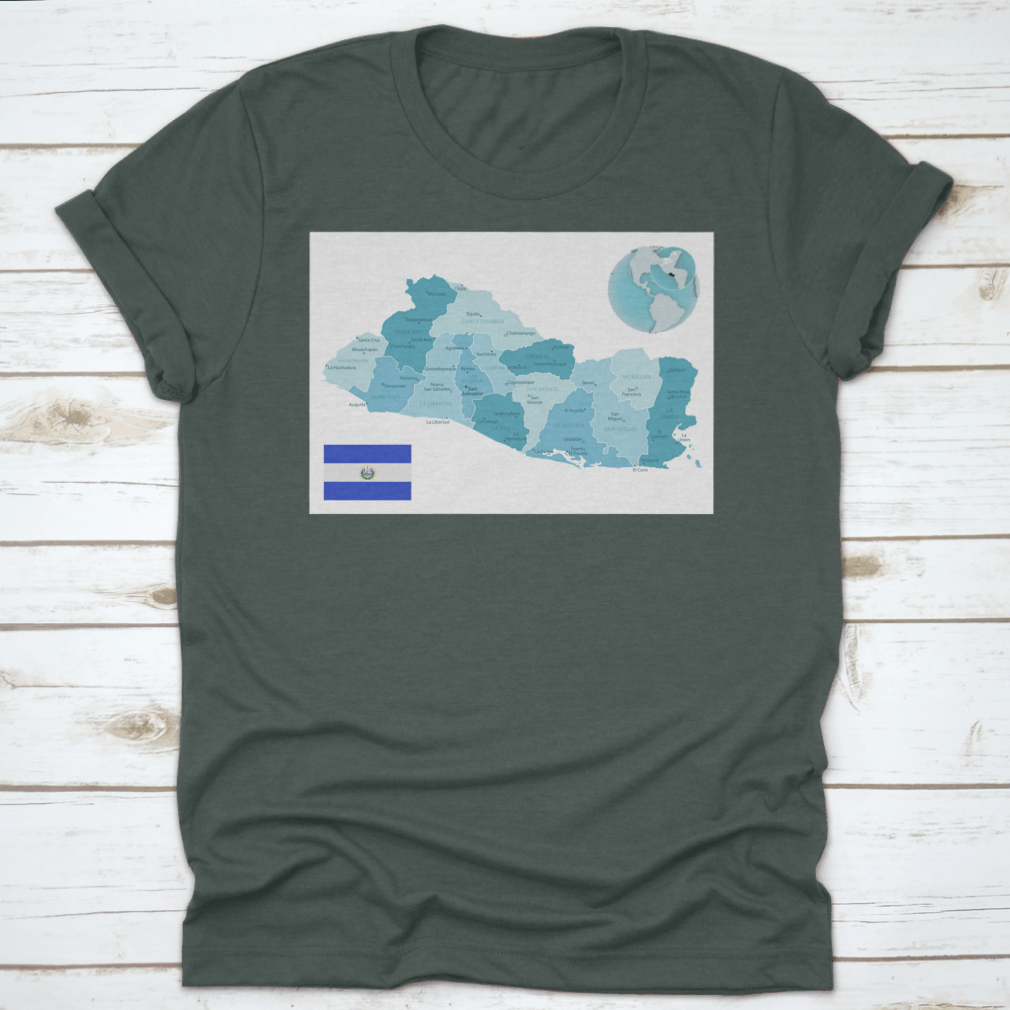 El Salvador Administrative Blue-Green Map T-shirt featuring the country's flag and vibrant map design.