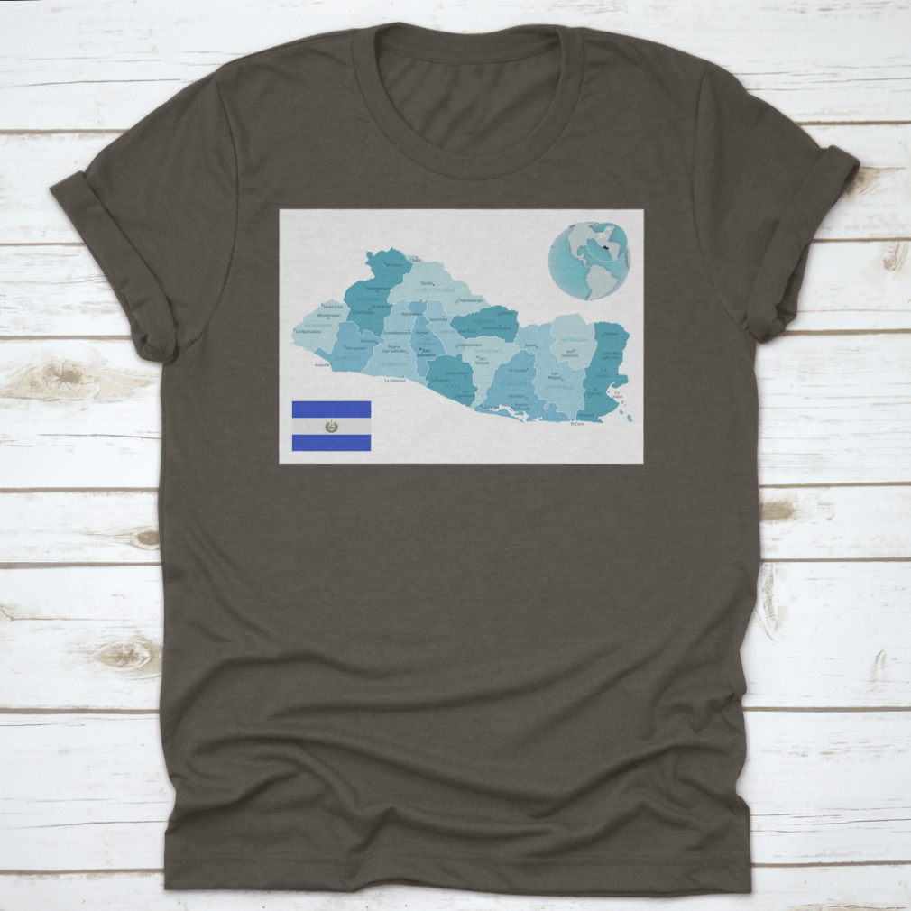 El Salvador Administrative Blue-Green Map T-shirt featuring the country's flag and vibrant map design.