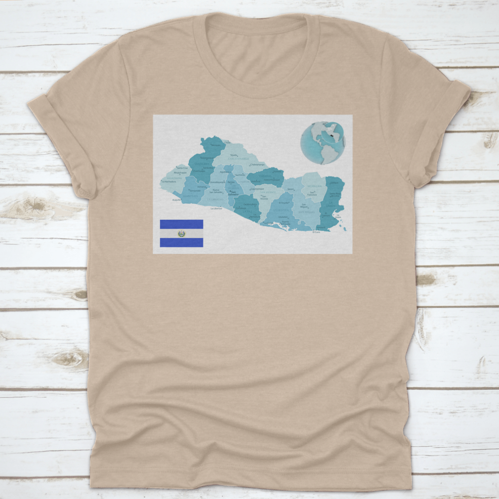 El Salvador Administrative Blue-Green Map T-shirt featuring the country's flag and vibrant map design.