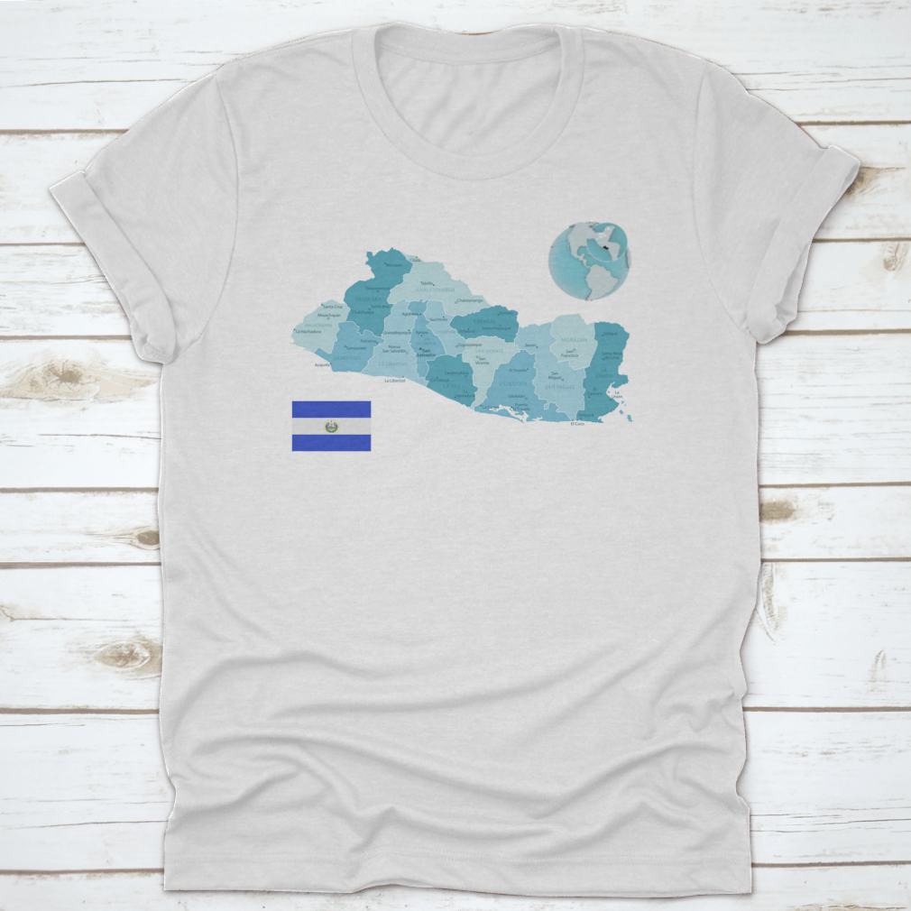 El Salvador Administrative Blue-Green Map T-shirt featuring the country's flag and vibrant map design.