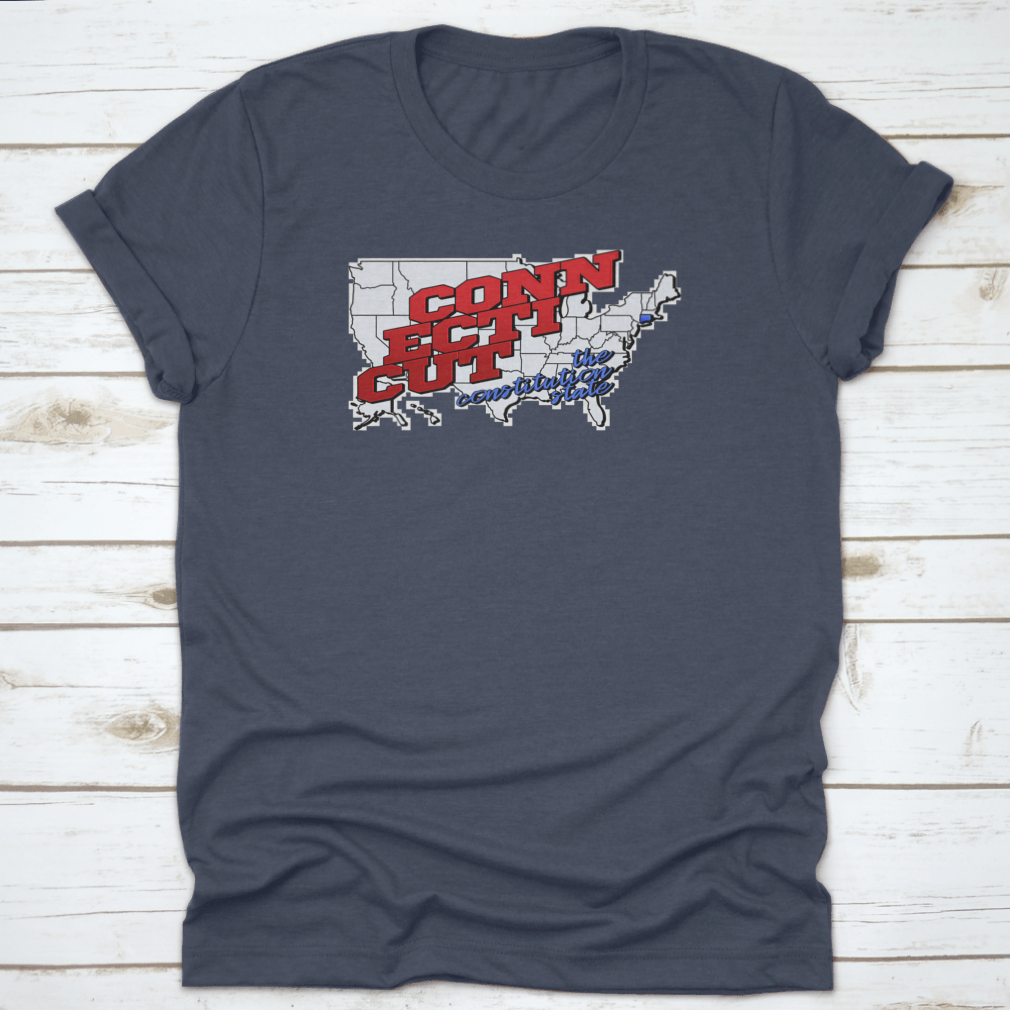 A colorful t-shirt featuring an elaborate map of Connecticut with vibrant typography, showcasing the state's landmarks and features.