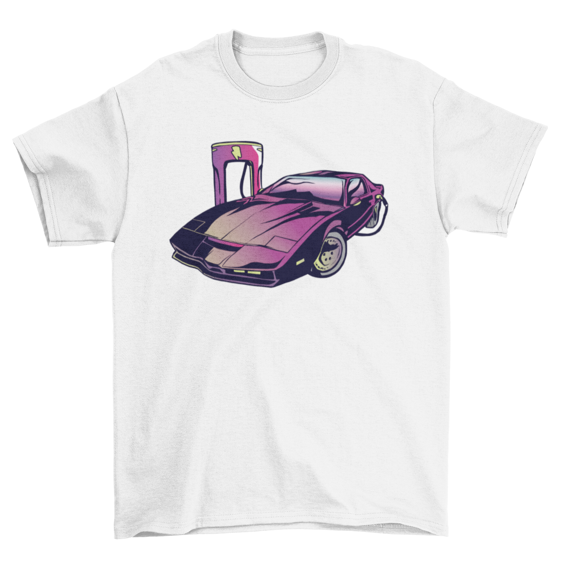 A stylish Electric Car Charger T-shirt featuring a vibrant design of an electric car and charger, perfect for eco-conscious individuals.