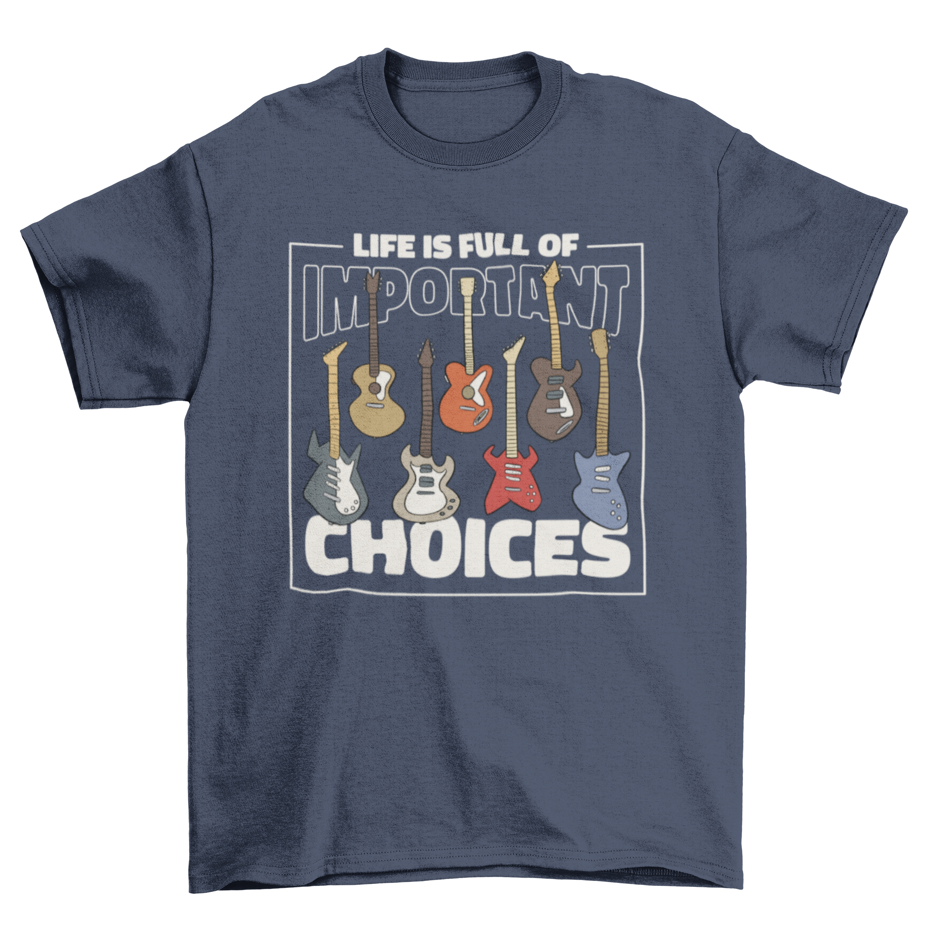 Electric guitar t-shirt featuring multiple guitar designs and an inspirational quote.