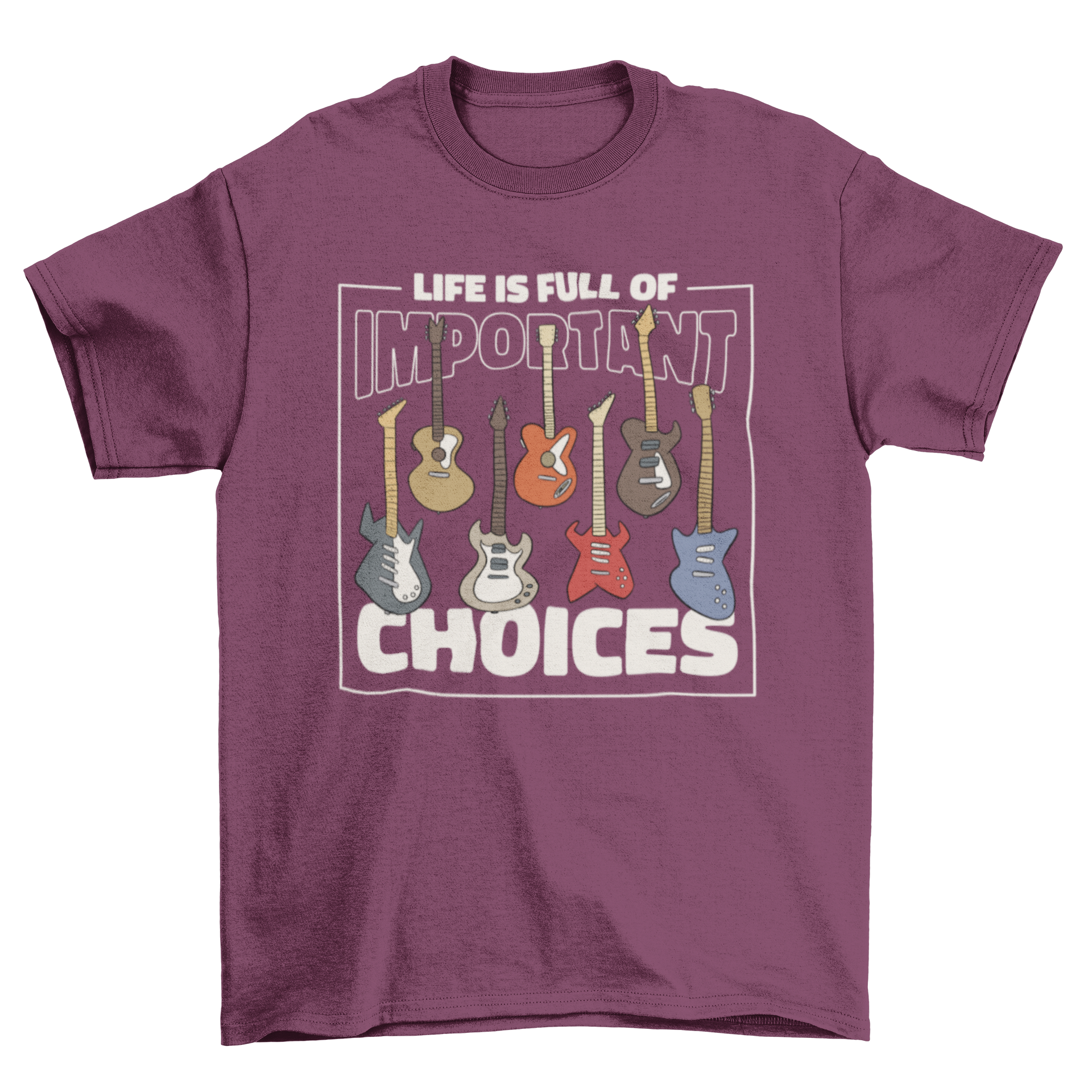 Electric guitar t-shirt featuring multiple guitar designs and an inspirational quote.