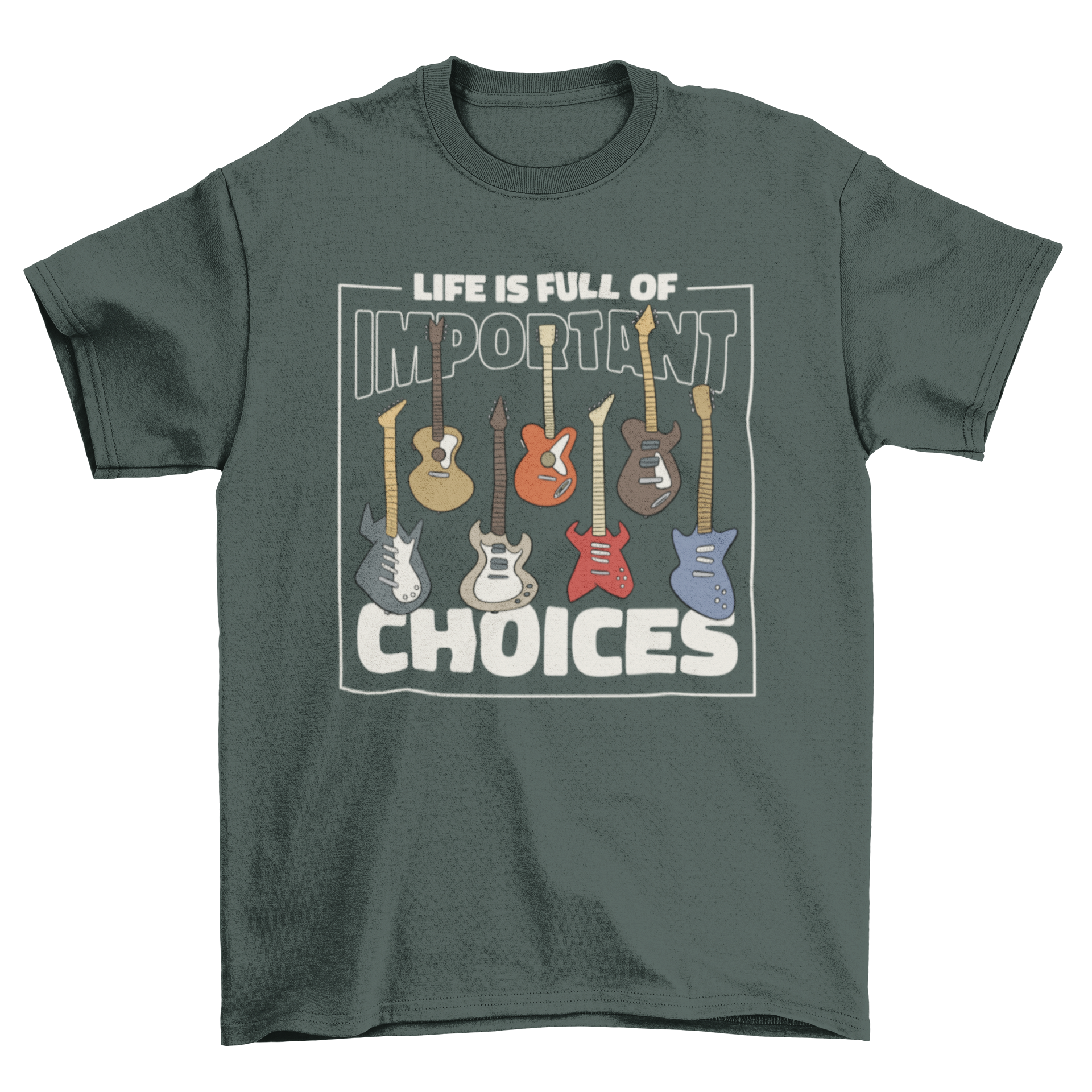 Electric guitar t-shirt featuring multiple guitar designs and an inspirational quote.