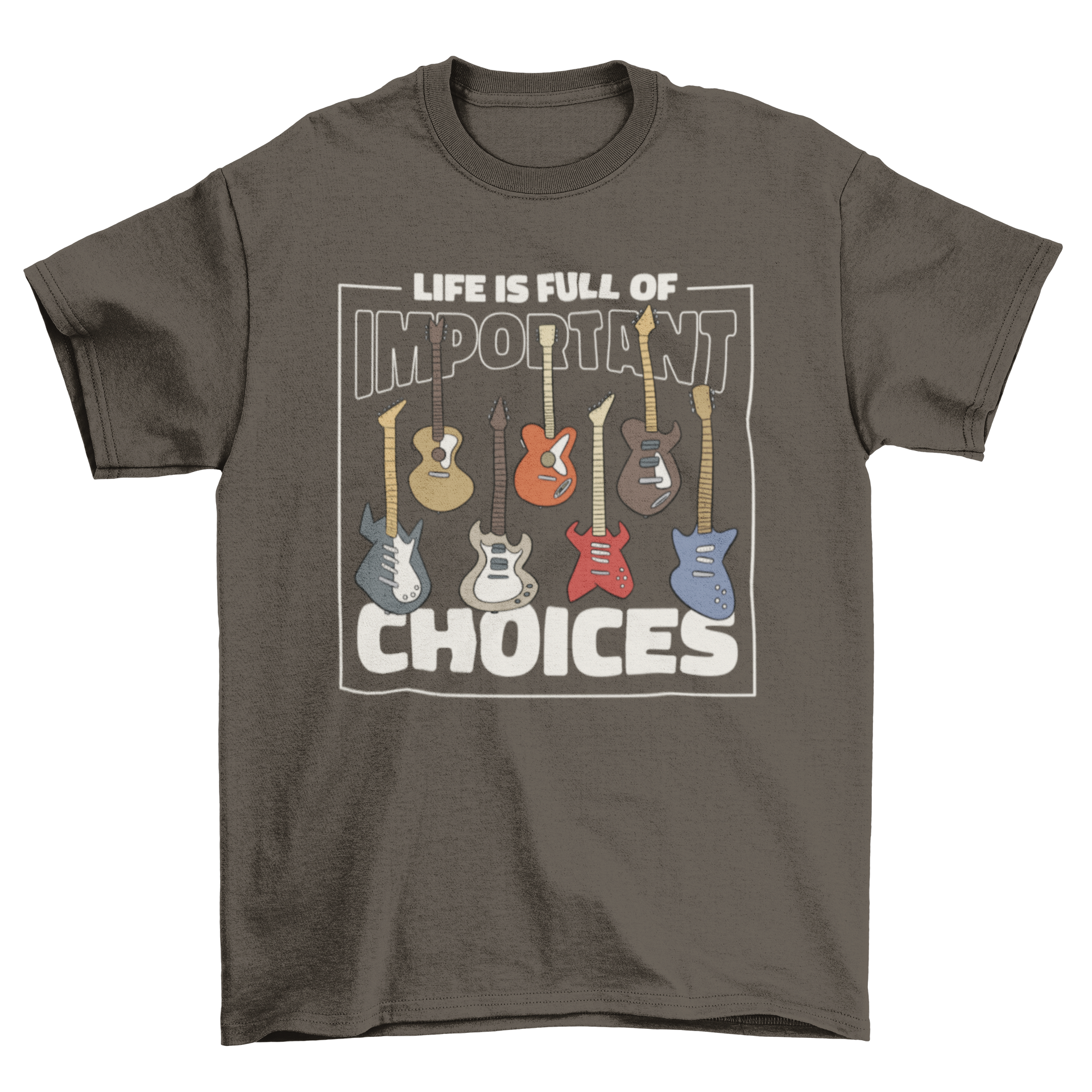 Electric guitar t-shirt featuring multiple guitar designs and an inspirational quote.