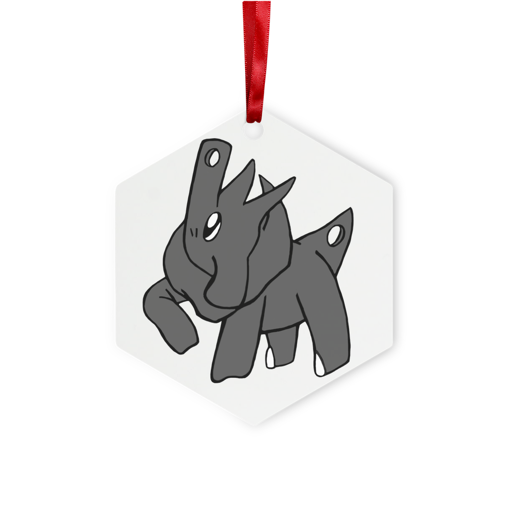 Electron Metal Hanging Ornament in hexagon and star shapes, featuring a gloss white finish and red ribbon for hanging.