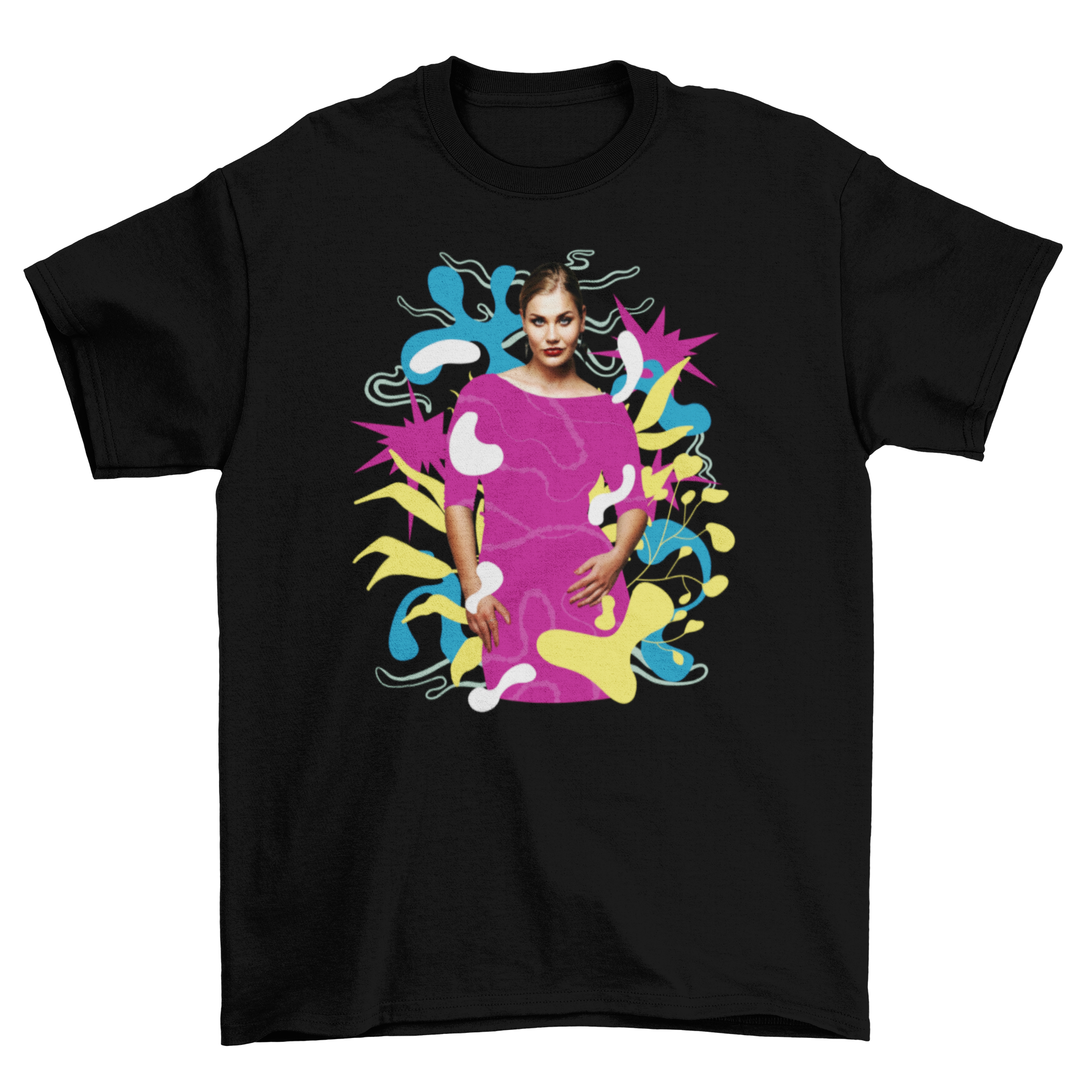 Elegant t-shirt featuring a colorful abstract design with a woman in a dress surrounded by vibrant shapes.