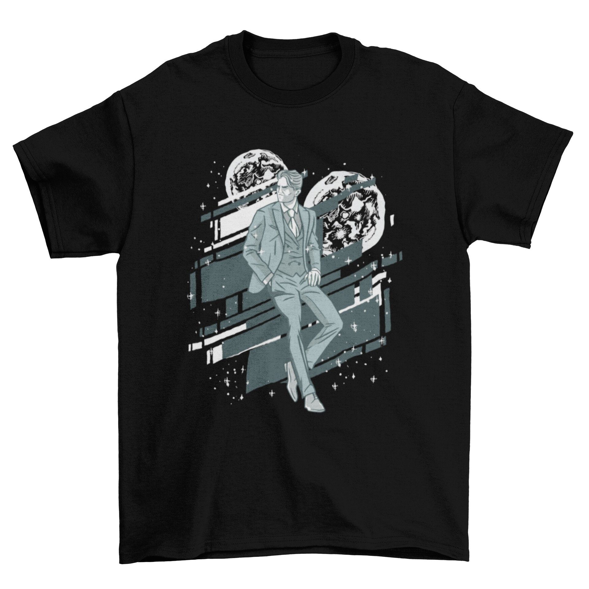 Elegant man in a suit surrounded by sparkles on a t-shirt design.