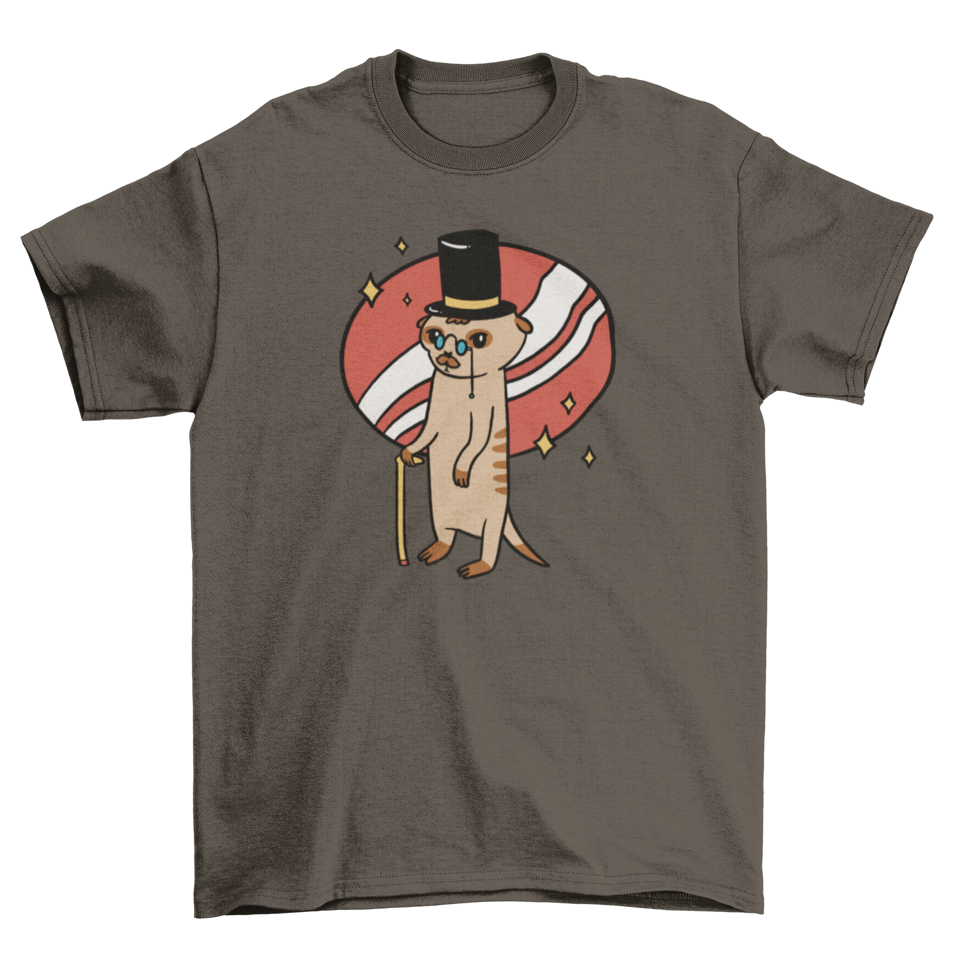 A stylish meerkat dressed in fancy clothes on a t-shirt, showcasing a humorous and unique design.