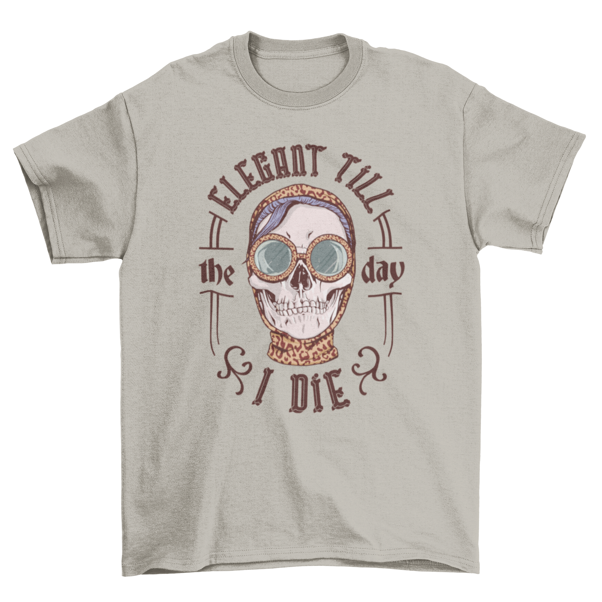 Elegant skeleton woman t-shirt design featuring a skull and the quote 'Elegant till the day I die'.