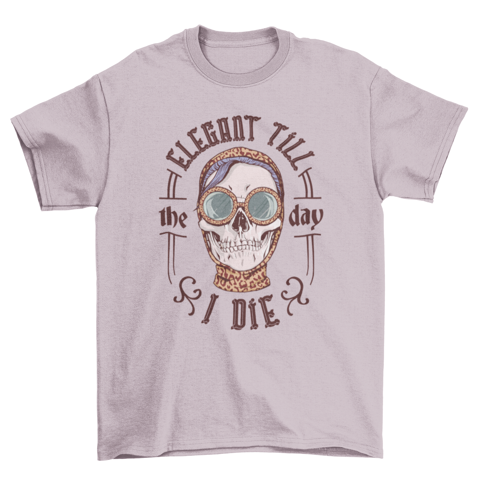Elegant skeleton woman t-shirt design featuring a skull and the quote 'Elegant till the day I die'.