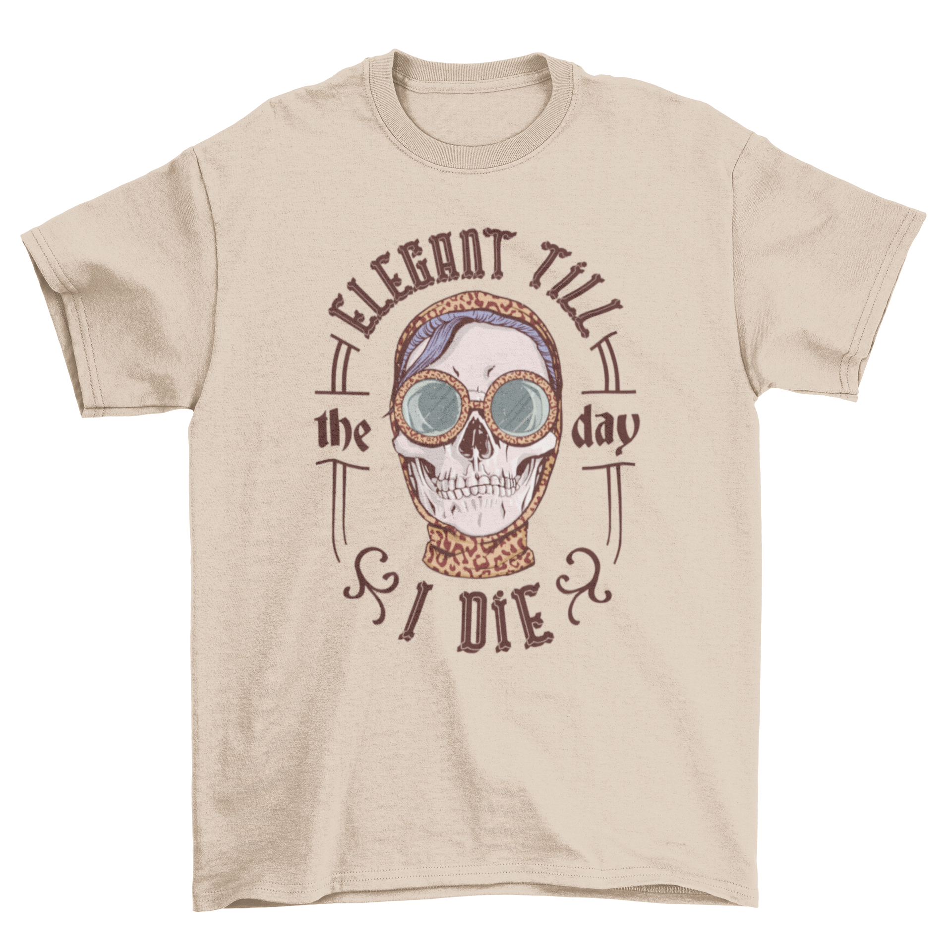 Elegant skeleton woman t-shirt design featuring a skull and the quote 'Elegant till the day I die'.