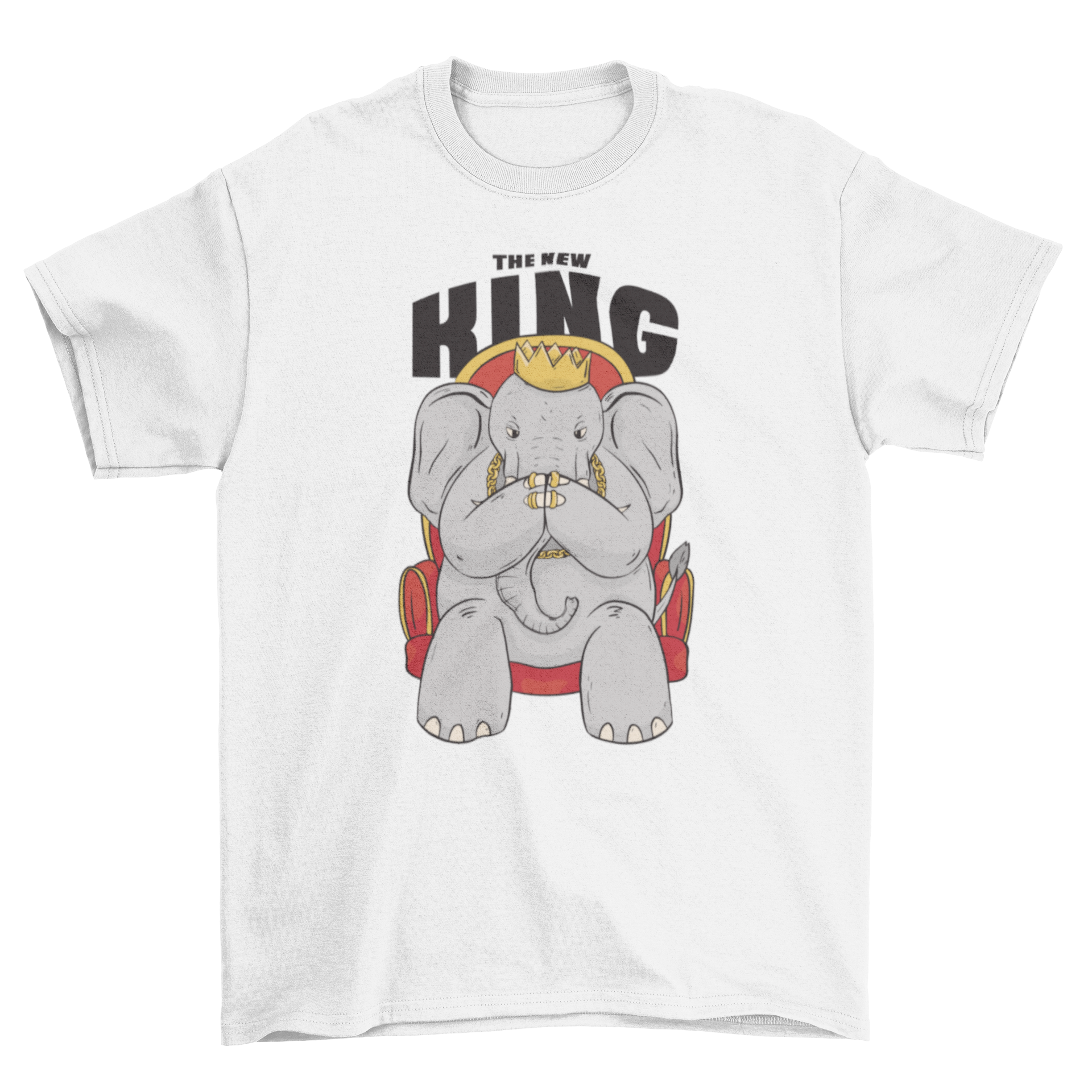 A fun t-shirt featuring an elephant wearing a crown with the quote 'The new king'.