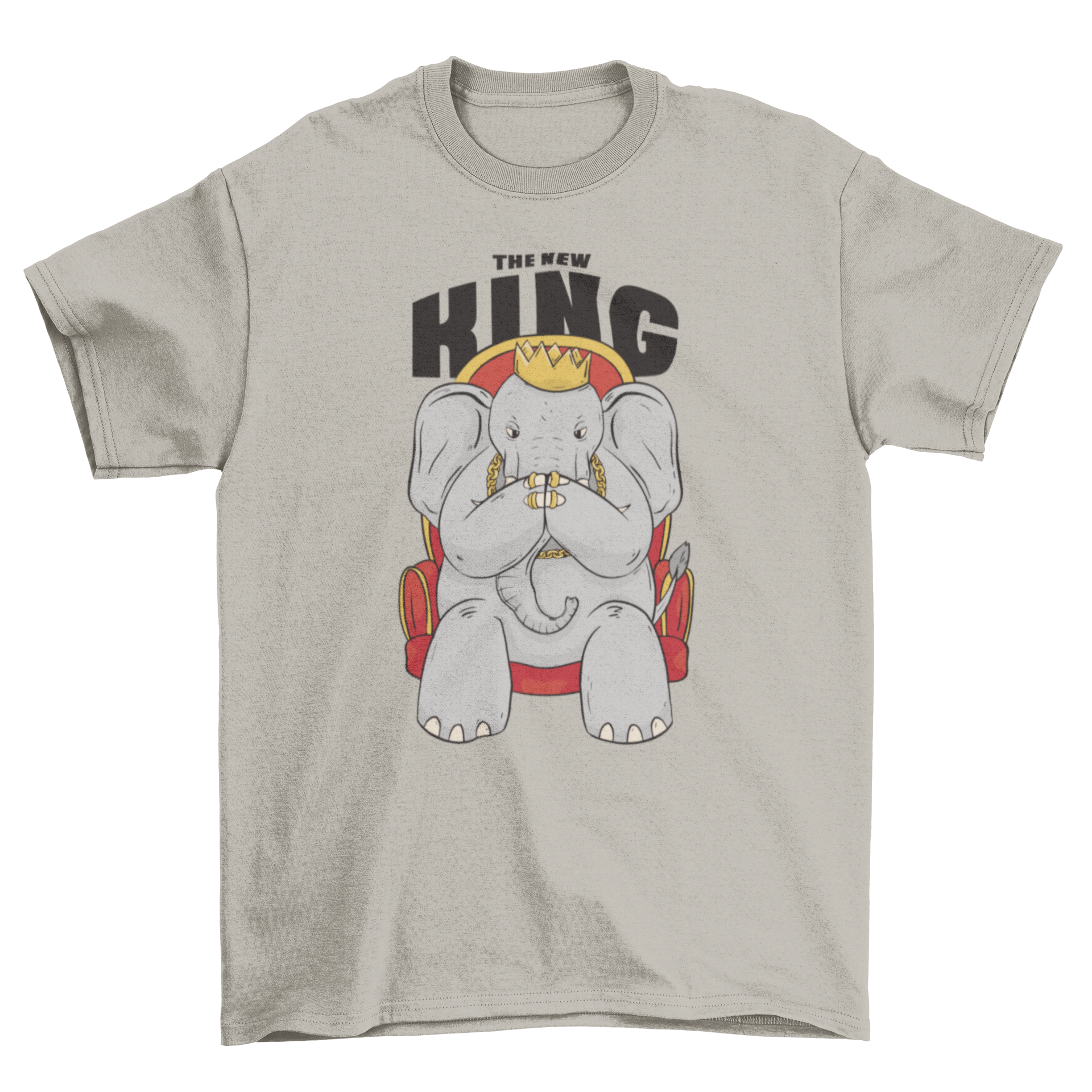 A fun t-shirt featuring an elephant wearing a crown with the quote 'The new king'.