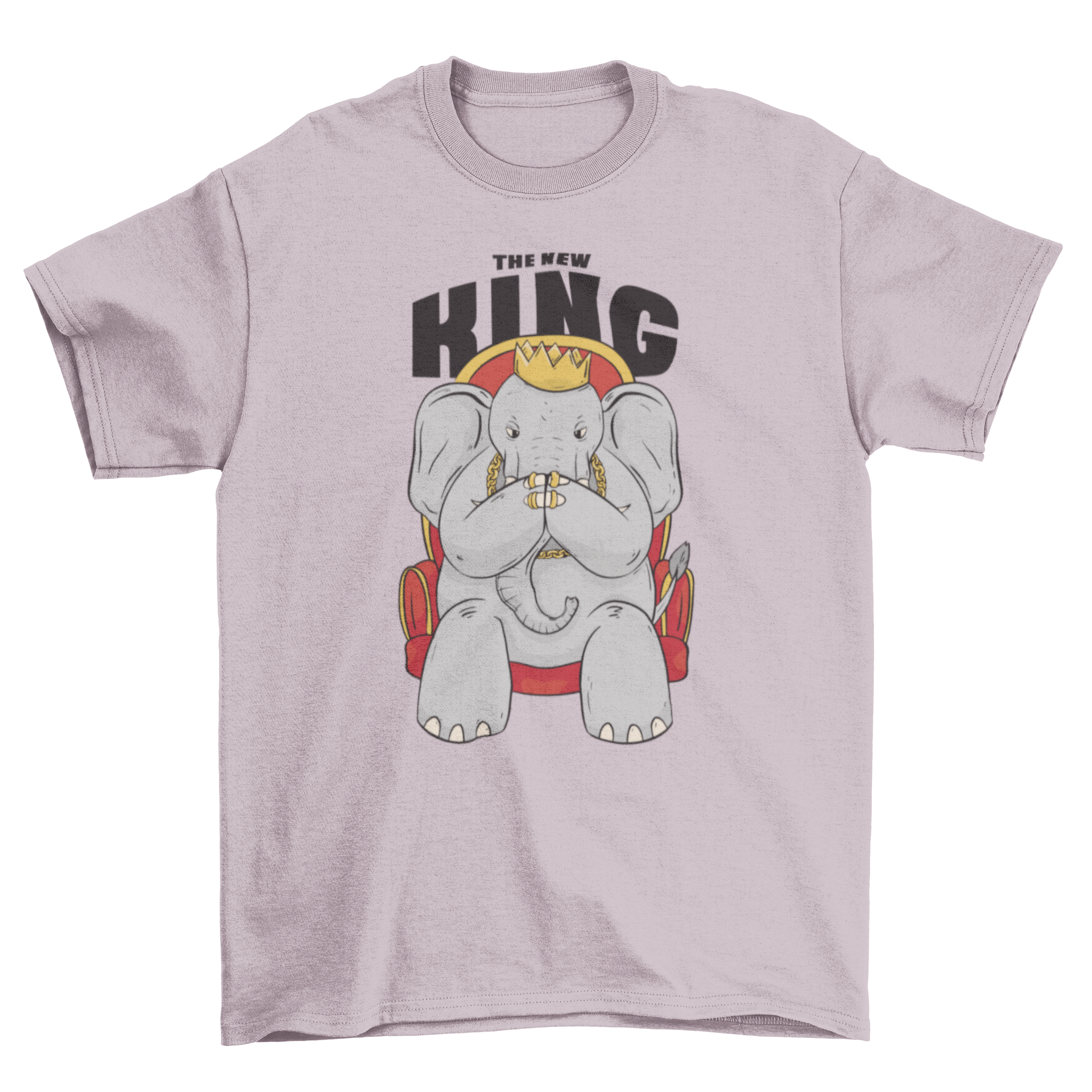 A fun t-shirt featuring an elephant wearing a crown with the quote 'The new king'.