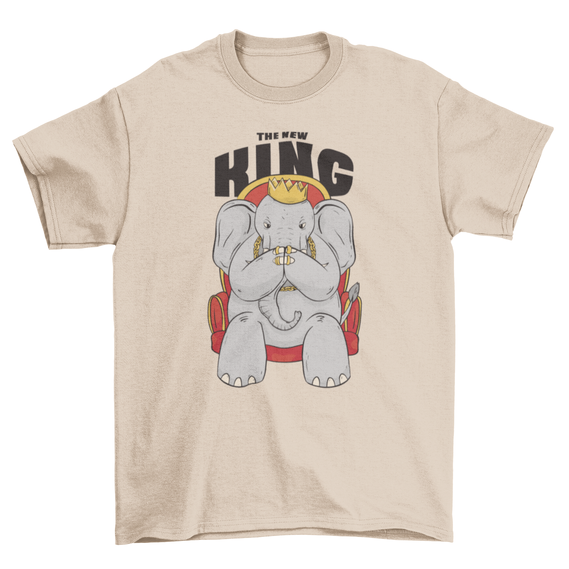 A fun t-shirt featuring an elephant wearing a crown with the quote 'The new king'.