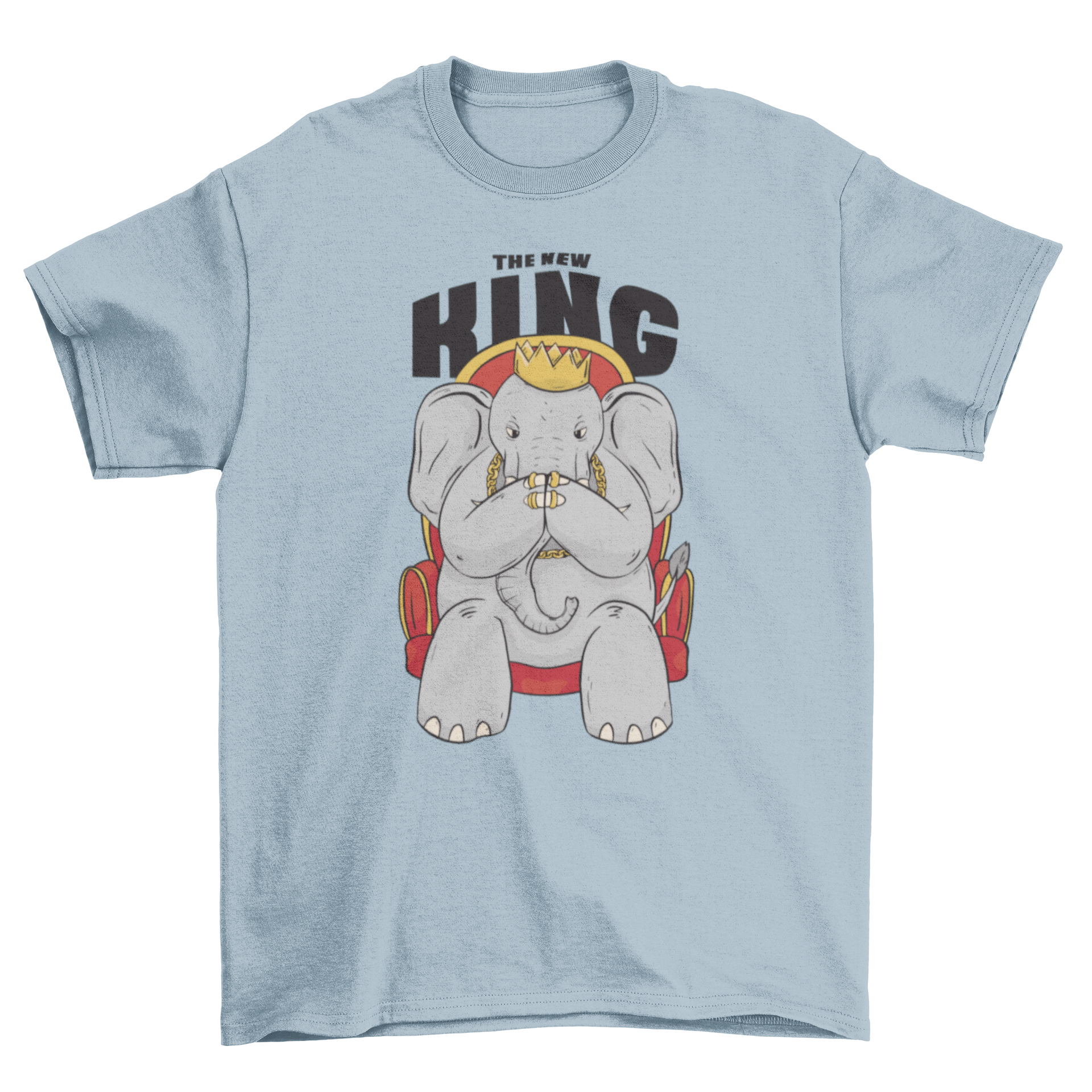 A fun t-shirt featuring an elephant wearing a crown with the quote 'The new king'.