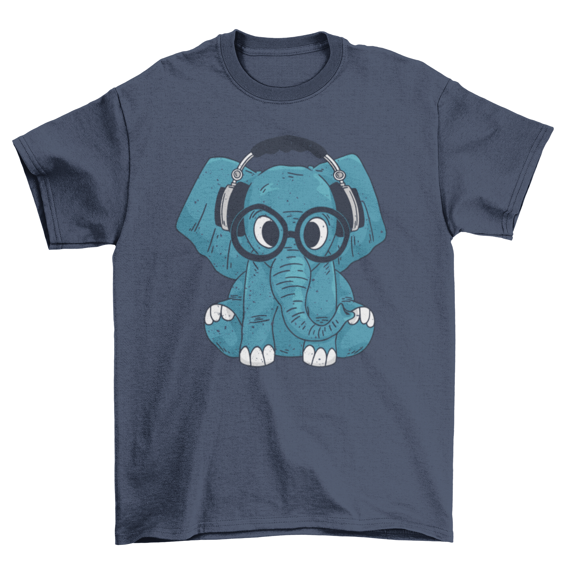 A cute t-shirt featuring an elephant wearing glasses and a headset, showcasing a playful and trendy design.