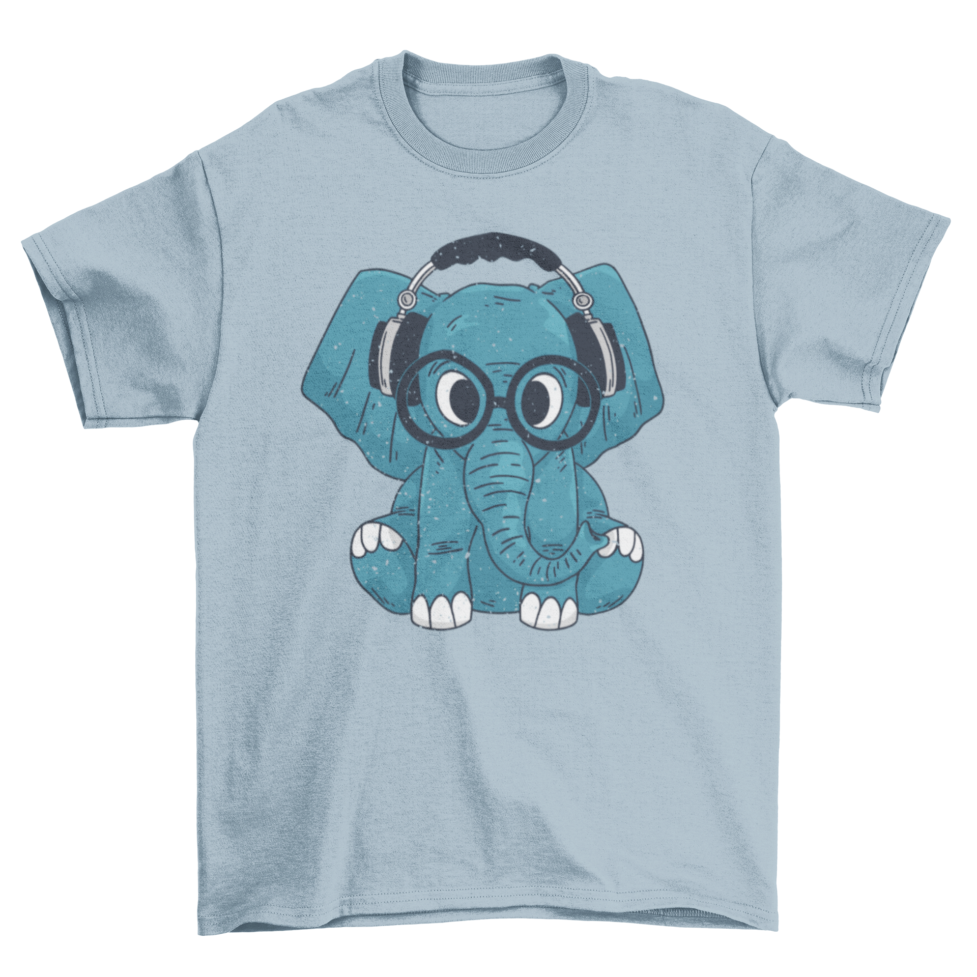 A cute t-shirt featuring an elephant wearing glasses and a headset, showcasing a playful and trendy design.