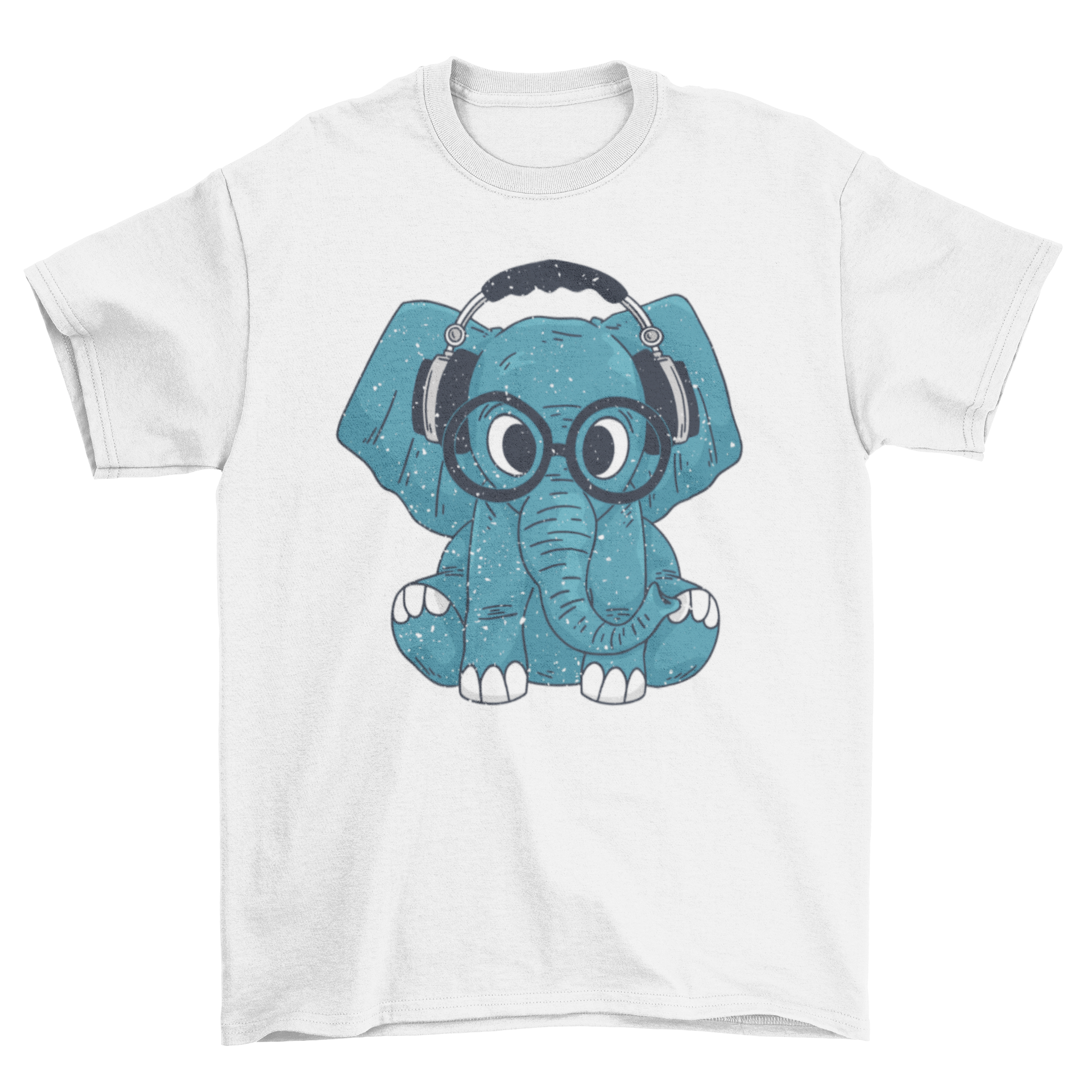 A cute t-shirt featuring an elephant wearing glasses and a headset, showcasing a playful and trendy design.