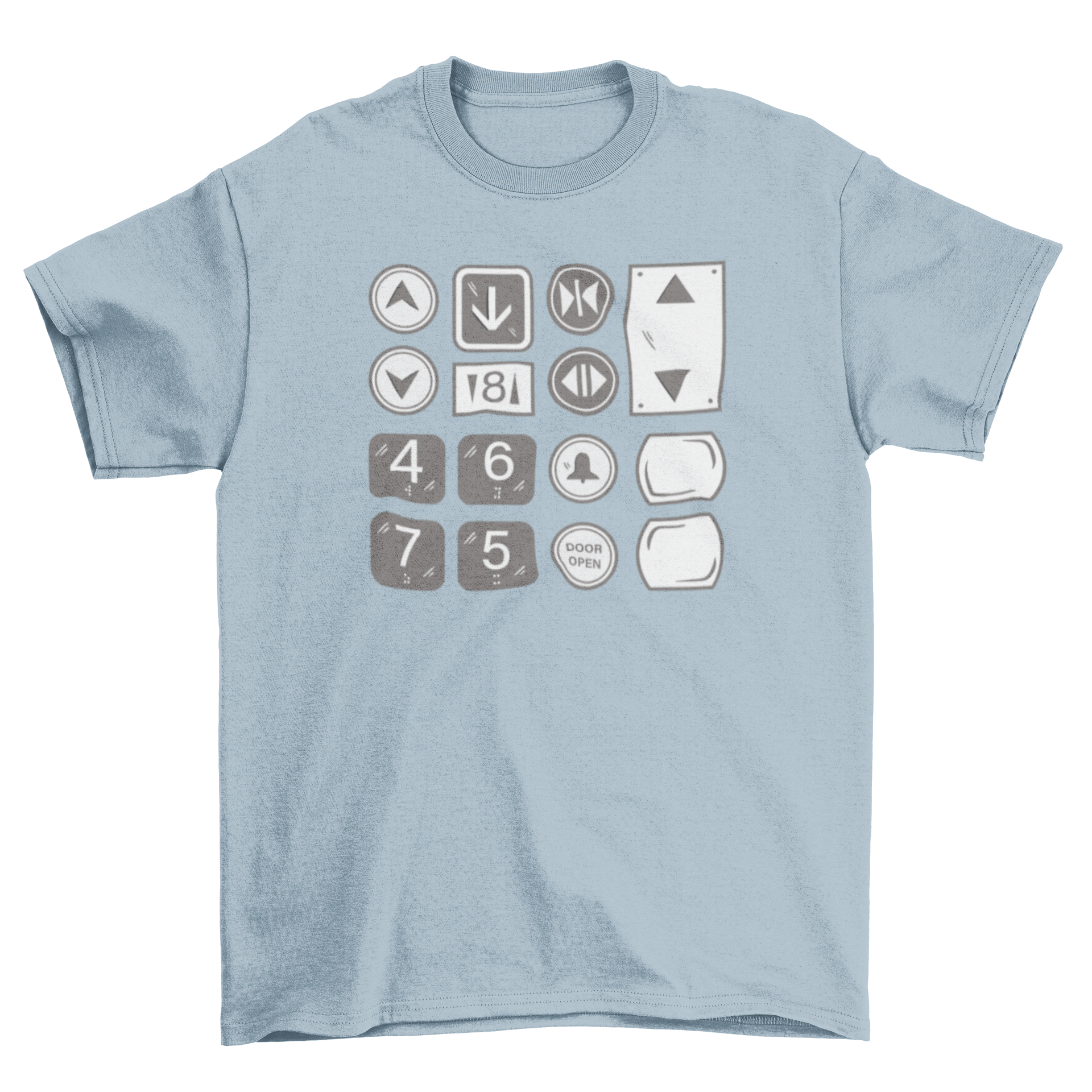 Elevator buttons t-shirt design featuring a graphic of an elevator button panel on a soft fabric t-shirt.