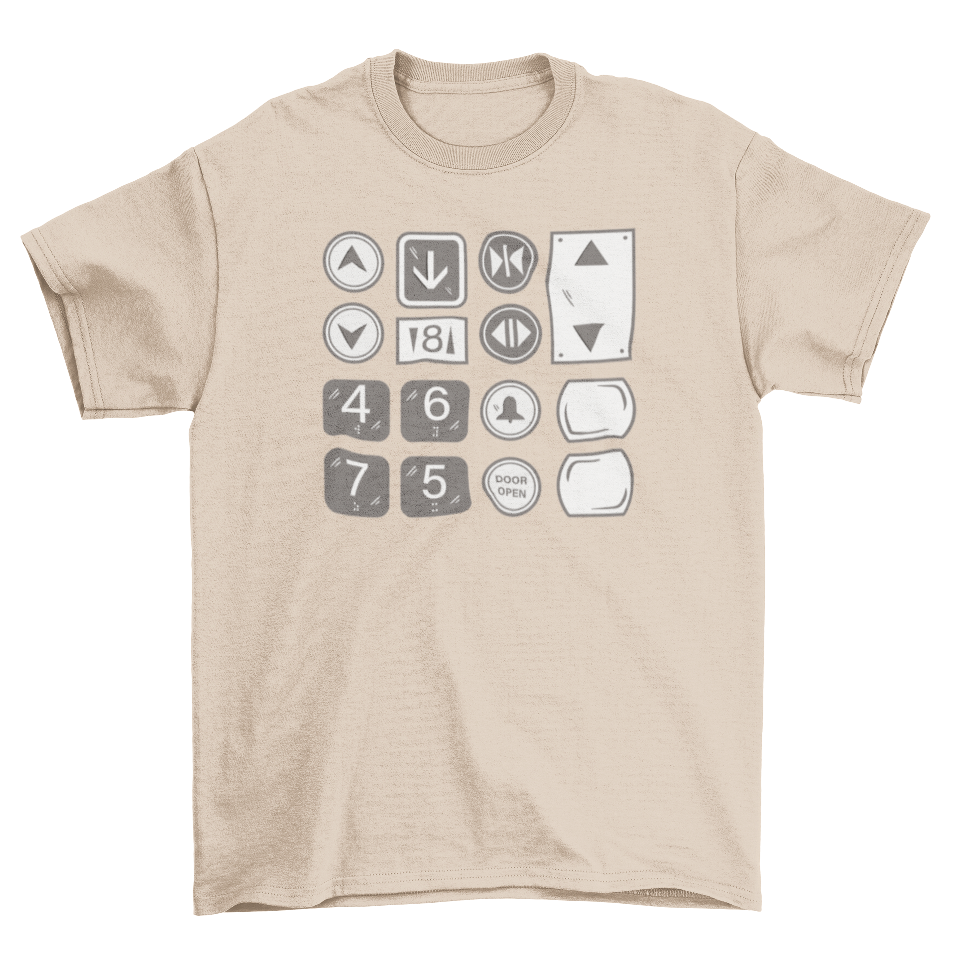 Elevator buttons t-shirt design featuring a graphic of an elevator button panel on a soft fabric t-shirt.