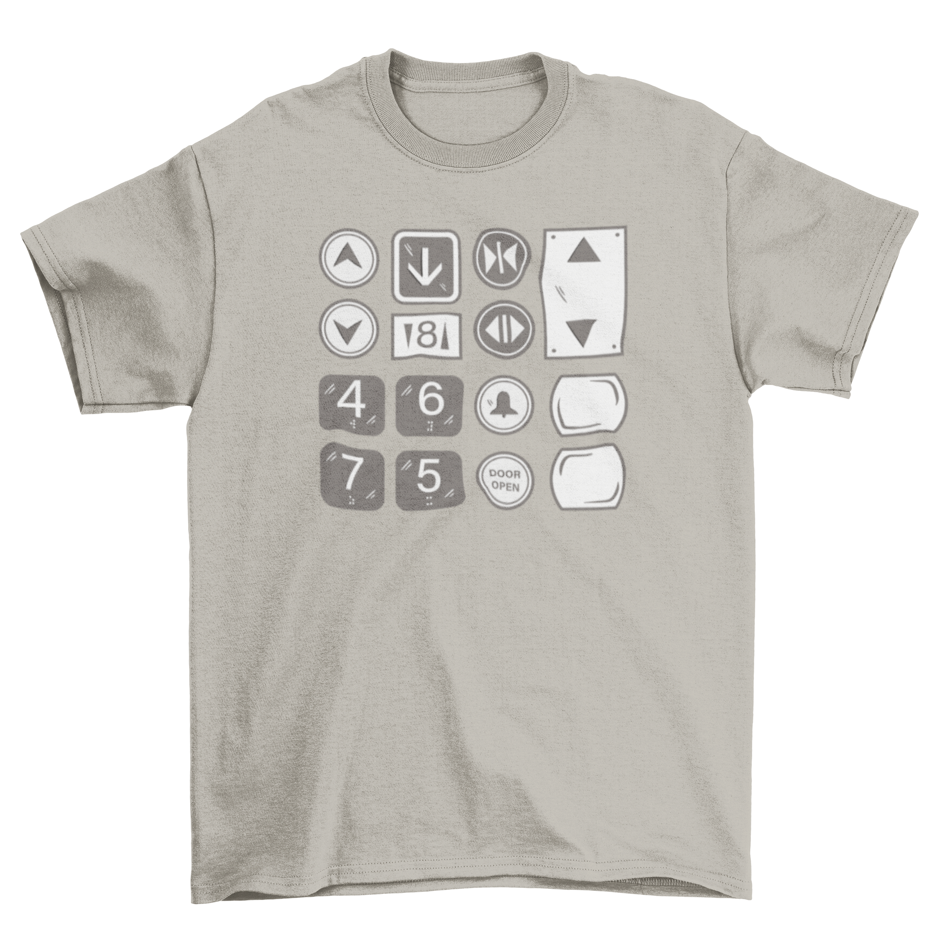 Elevator buttons t-shirt design featuring a graphic of an elevator button panel on a soft fabric t-shirt.