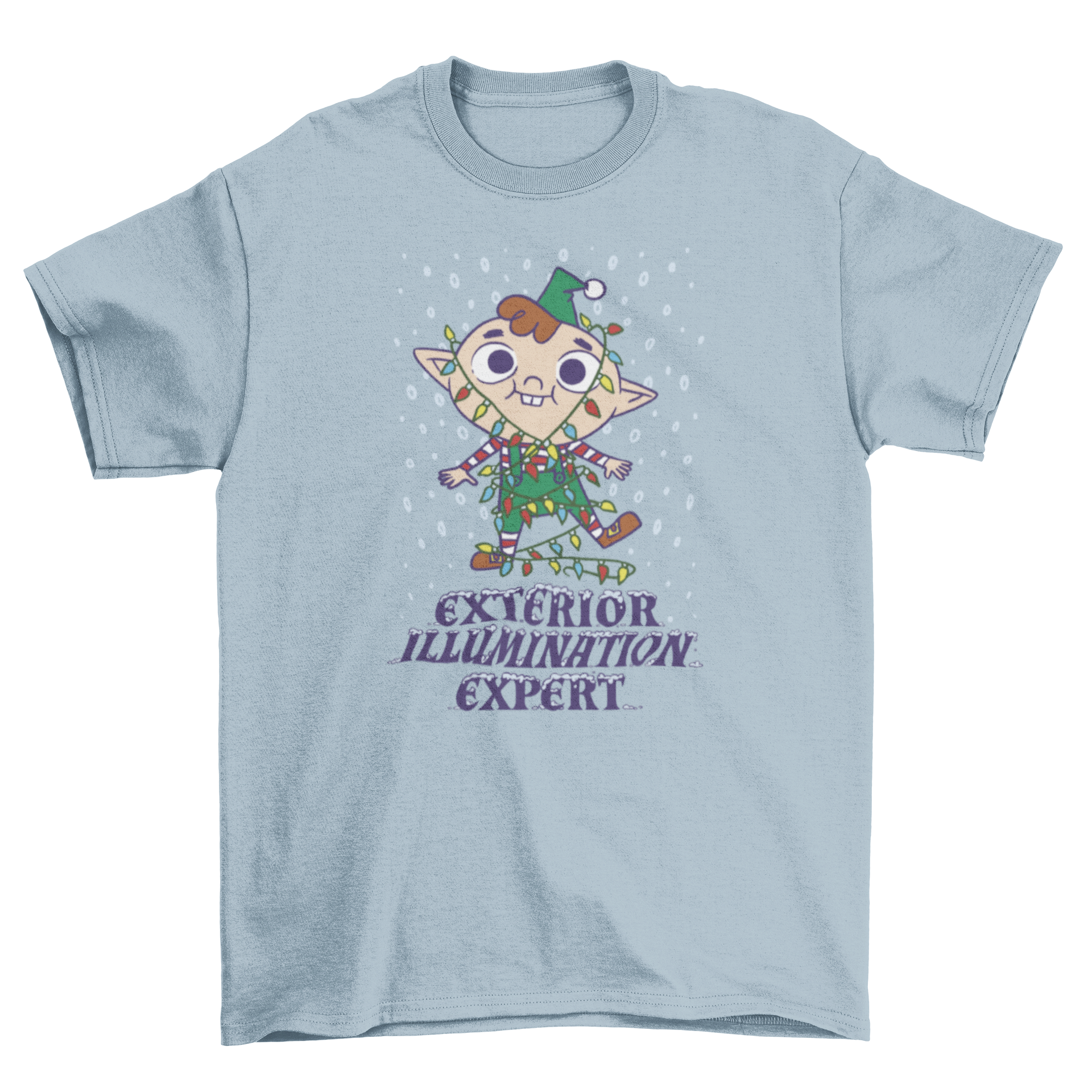 A playful t-shirt design featuring a cute elf tangled in colorful Christmas lights with a humorous quote.