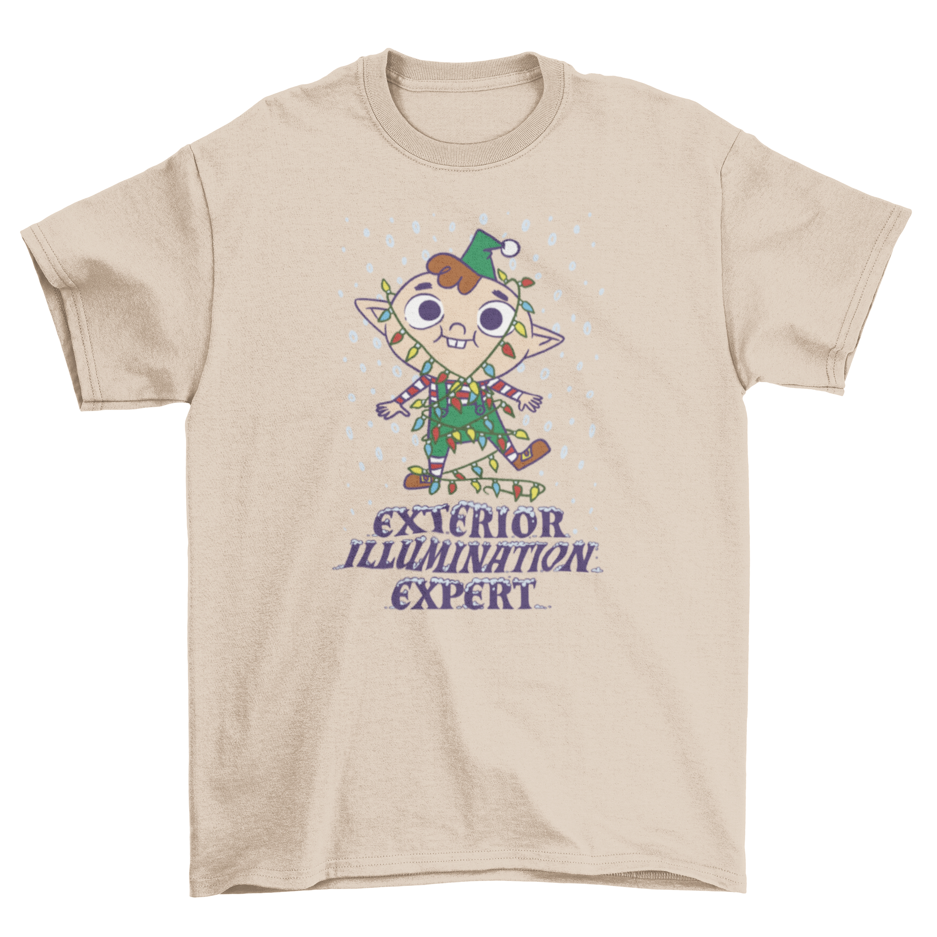 A playful t-shirt design featuring a cute elf tangled in colorful Christmas lights with a humorous quote.