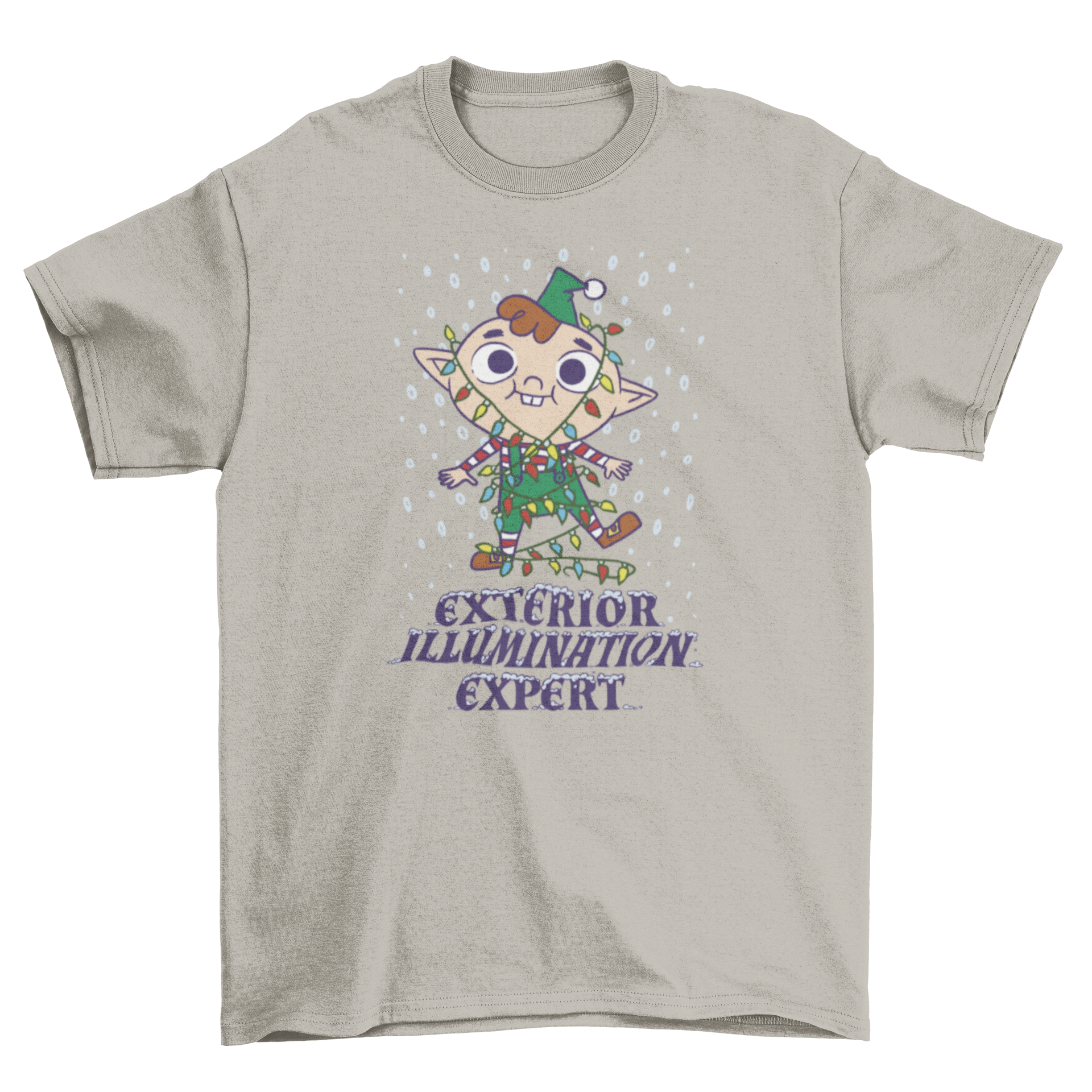 A playful t-shirt design featuring a cute elf tangled in colorful Christmas lights with a humorous quote.