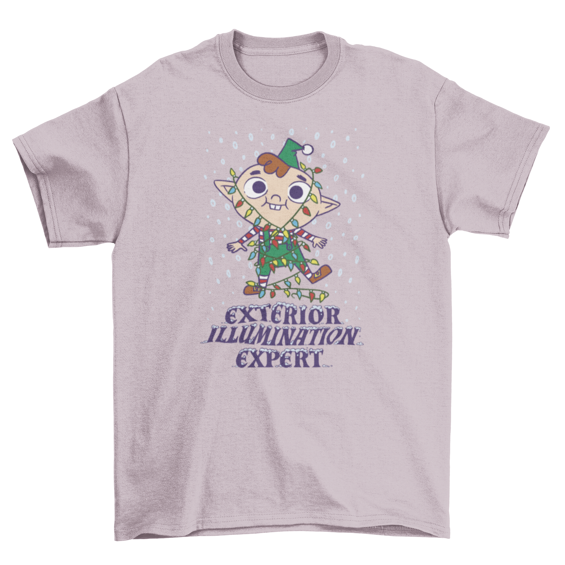 A playful t-shirt design featuring a cute elf tangled in colorful Christmas lights with a humorous quote.