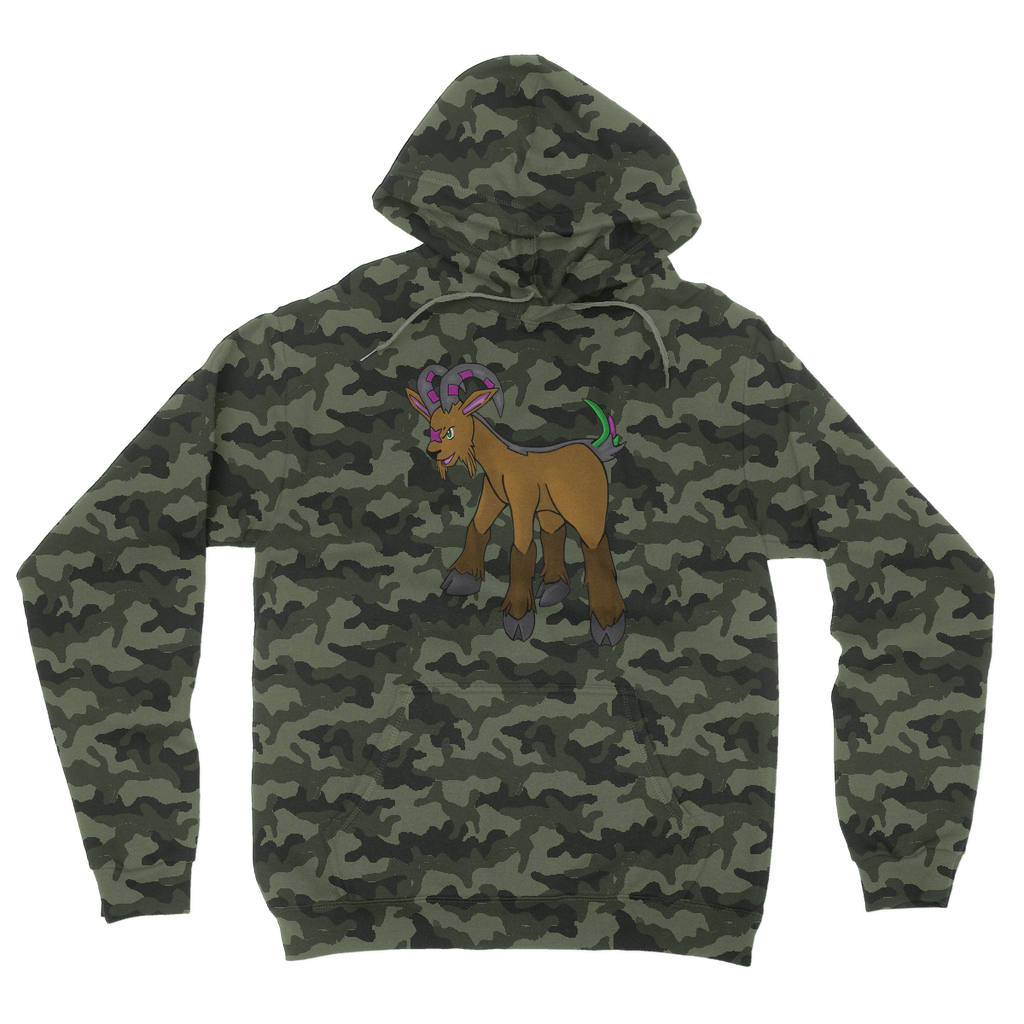 Elkwok Camouflage Adult Hoodie featuring an all-over camo design with a kangaroo pouch pocket and double fabric hood.