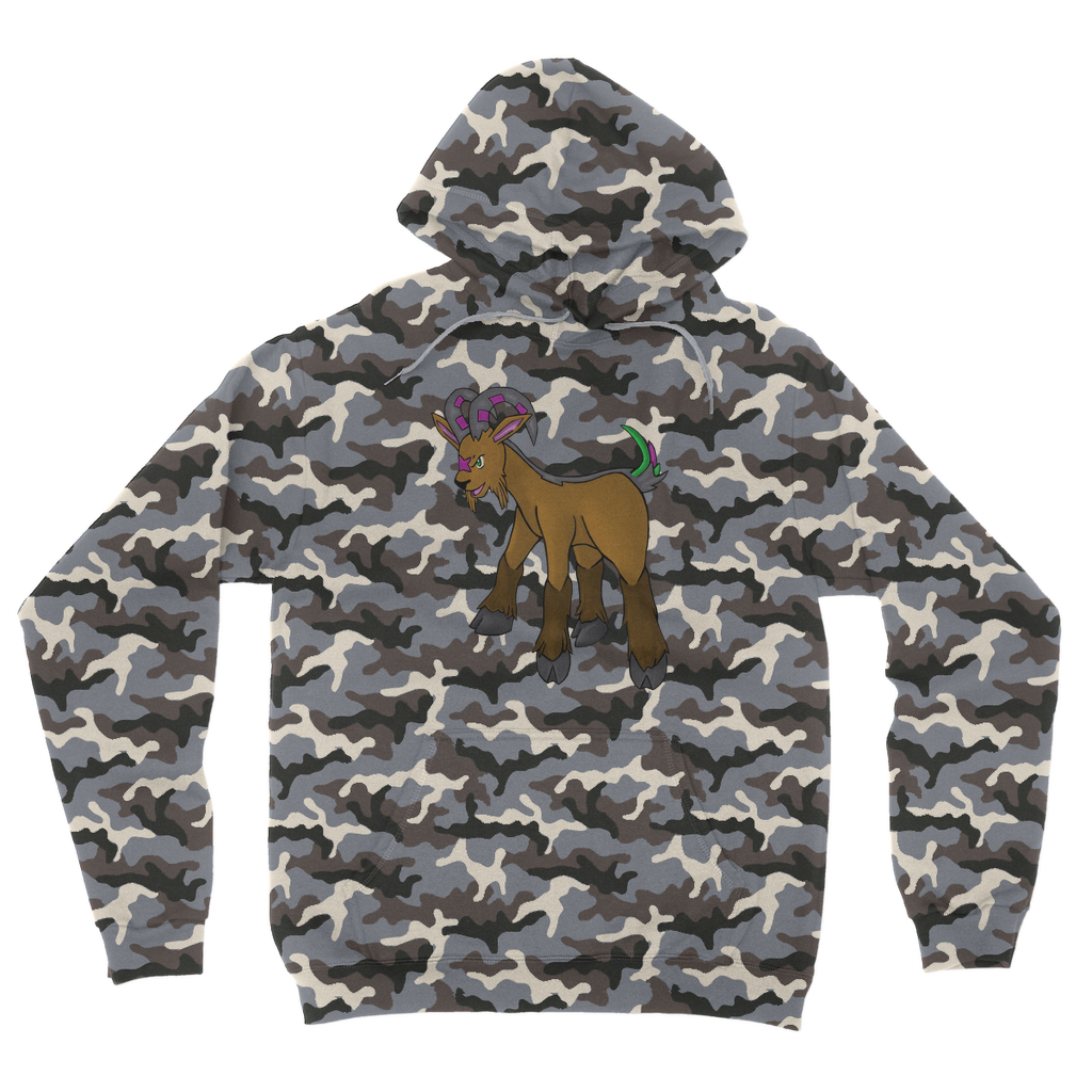 Elkwok Camouflage Adult Hoodie featuring an all-over camo design with a kangaroo pouch pocket and double fabric hood.