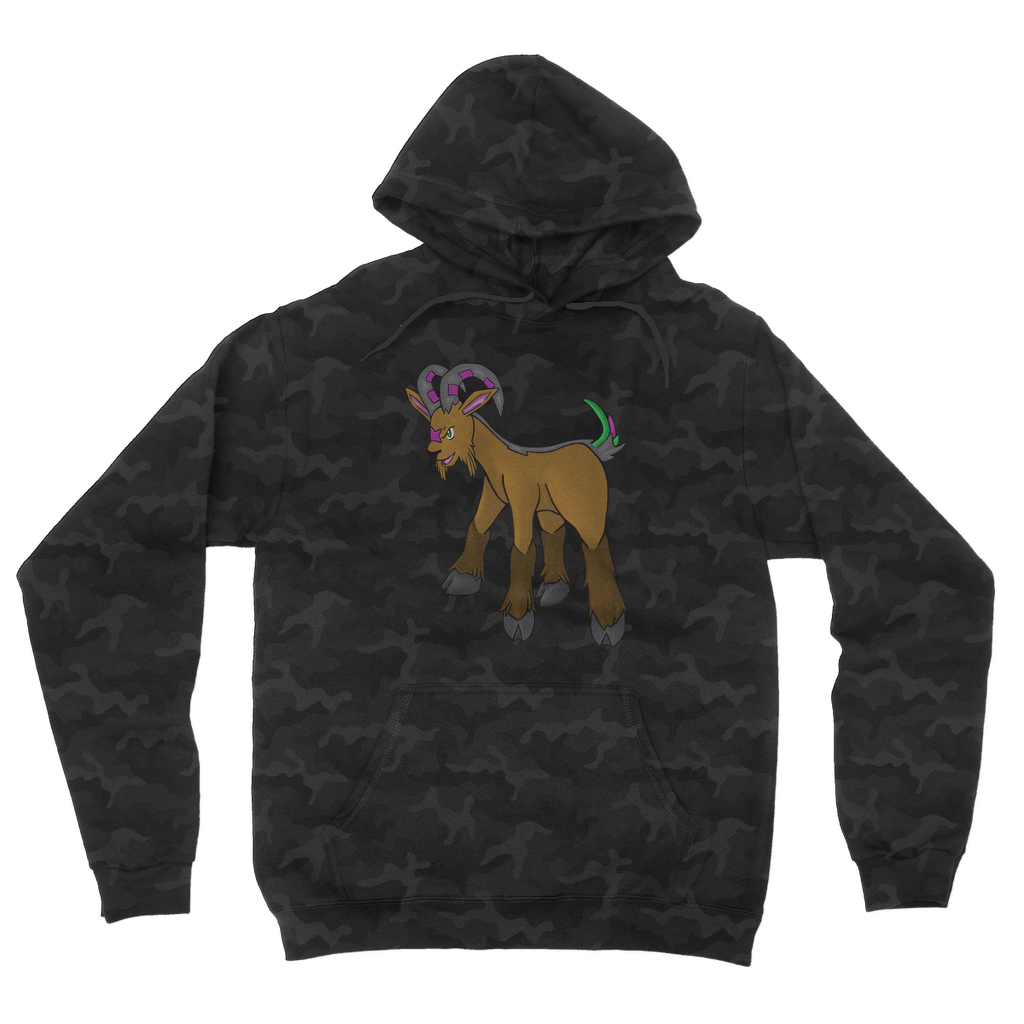 Elkwok Camouflage Adult Hoodie featuring an all-over camo design with a kangaroo pouch pocket and double fabric hood.