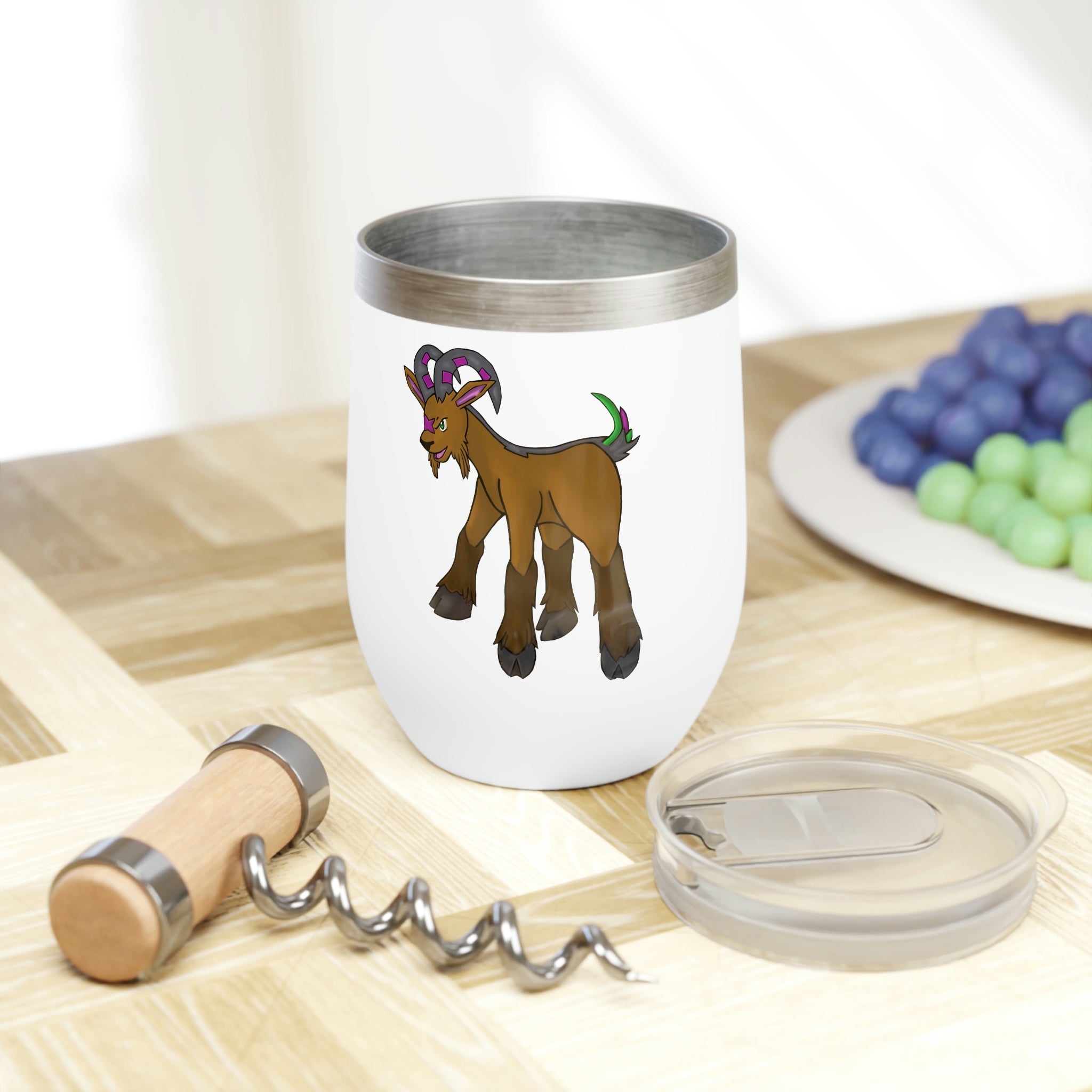 Elkwok Chill Wine Tumbler in stainless steel with a customizable design, showcasing its double-insulated walls and stemless shape.