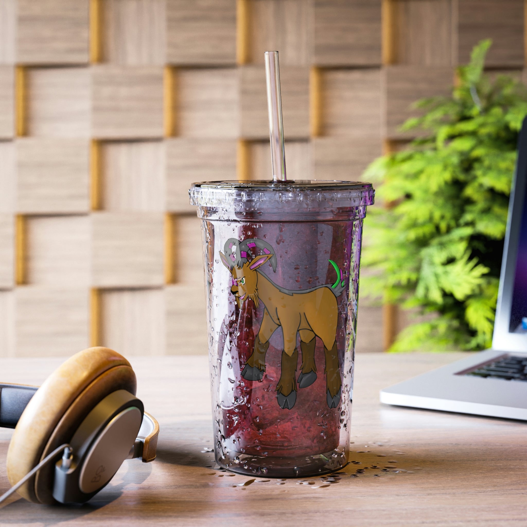 Elkwok Suave Acrylic Cup in stainless steel with a black screw-on cap and plastic straw, showcasing a customizable design.
