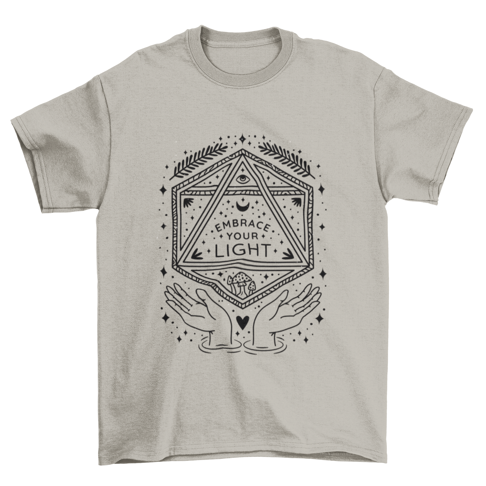 A stylish t-shirt featuring the inspirational quote 'Embrace Your Light' in a modern font, perfect for casual wear.