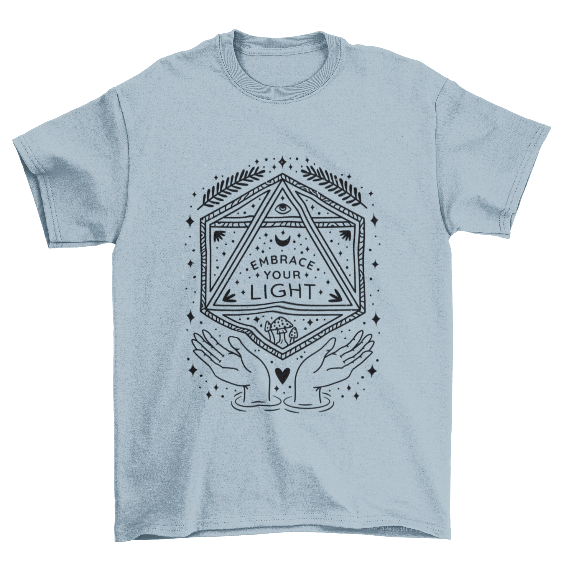 A stylish t-shirt featuring the inspirational quote 'Embrace Your Light' in a modern font, perfect for casual wear.