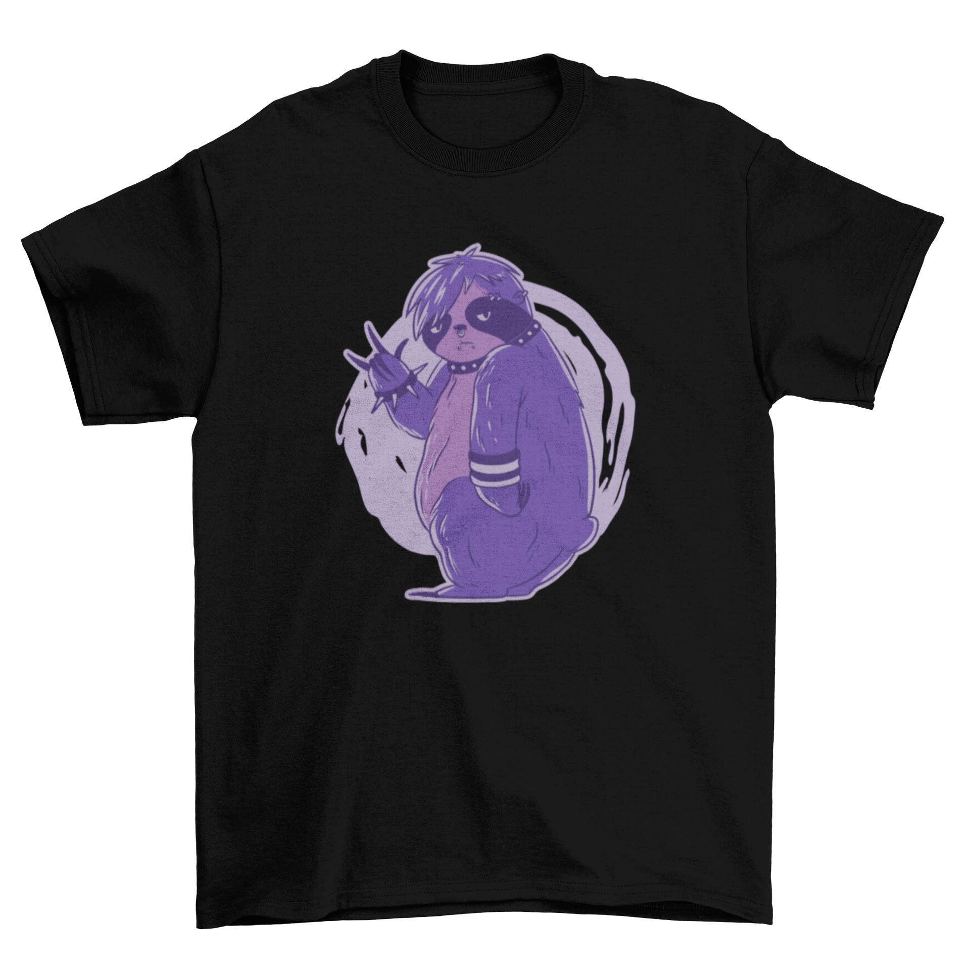 A vibrant neon t-shirt featuring a sloth dressed in emo style, showcasing a humorous and unique design.