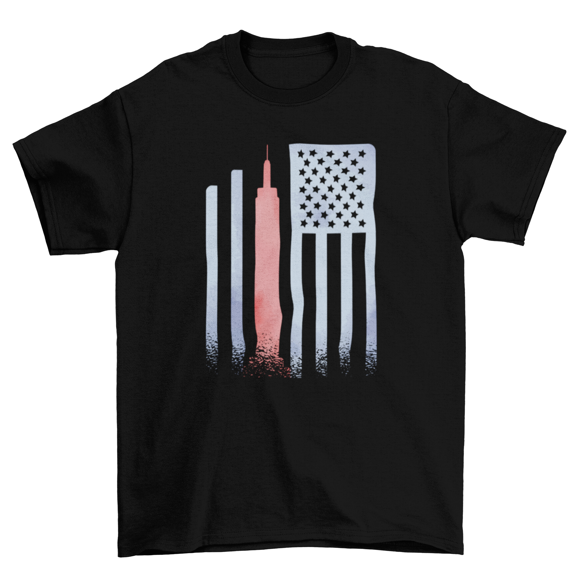 Empire State Building t-shirt featuring the US flag design, showcasing vibrant colors and unique illustration.