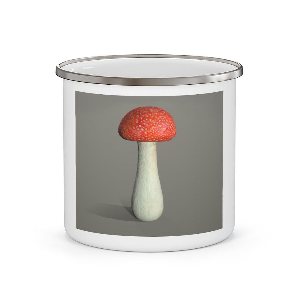 A durable enamel camping mug holding 12 ounces, featuring a personalized design and a comfortable C-handle, perfect for outdoor adventures.