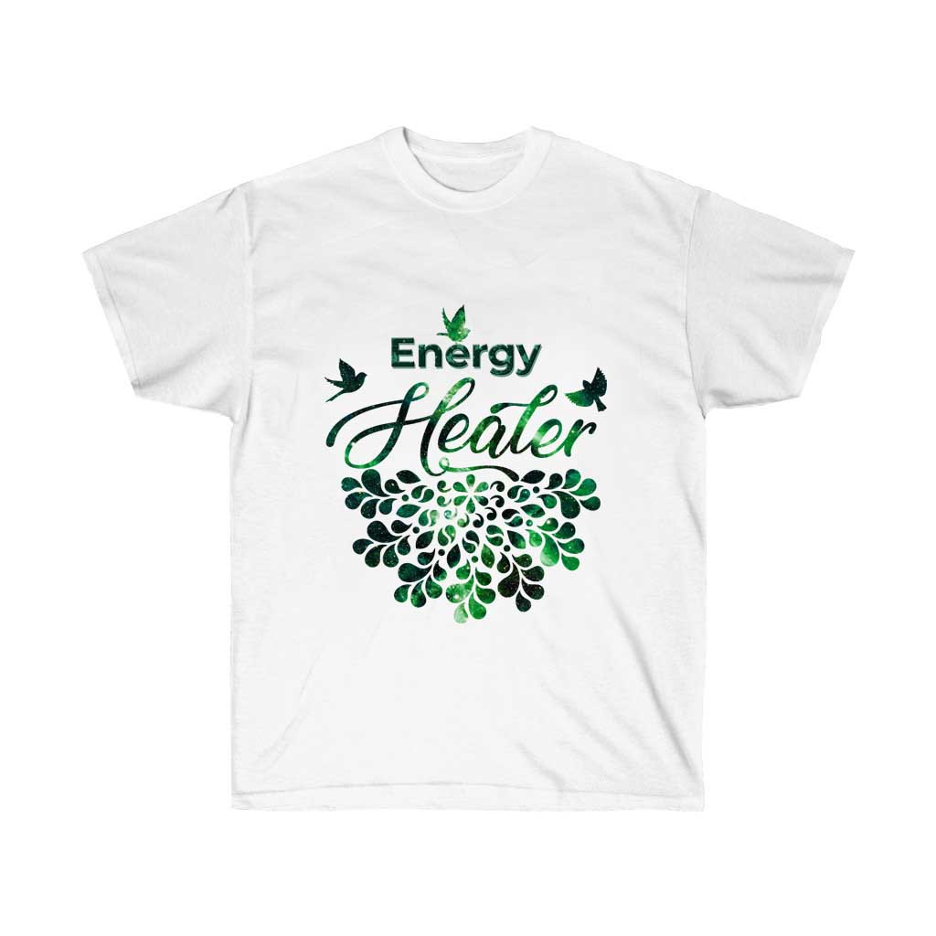 Energy Healer Reiki Master Yoga T-Shirt in soft cotton, featuring a unisex retail fit and spiritual design, perfect for yoga and meditation.