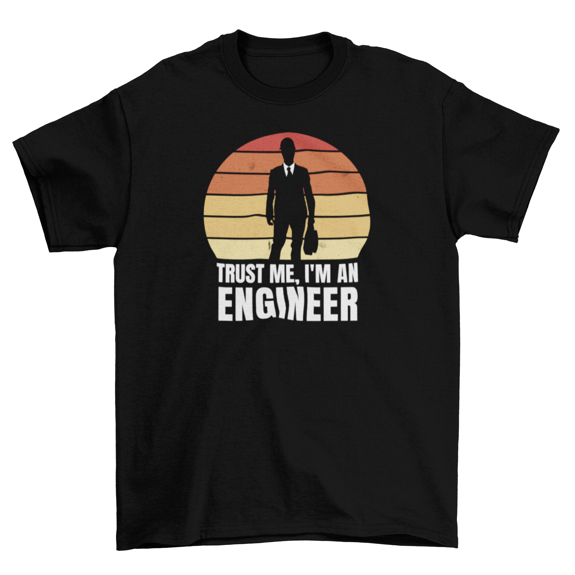 Engineer Retro Sunset T-Shirt featuring a man in a suit against a colorful sunset background with the quote 'Trust me, I'm an engineer'.