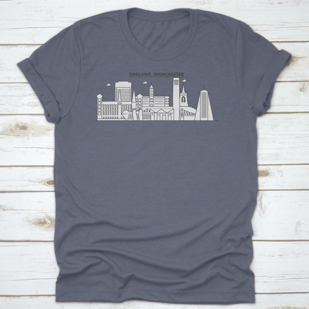 A stylish t-shirt featuring the Manchester skyline, showcasing iconic architecture in a vibrant design.