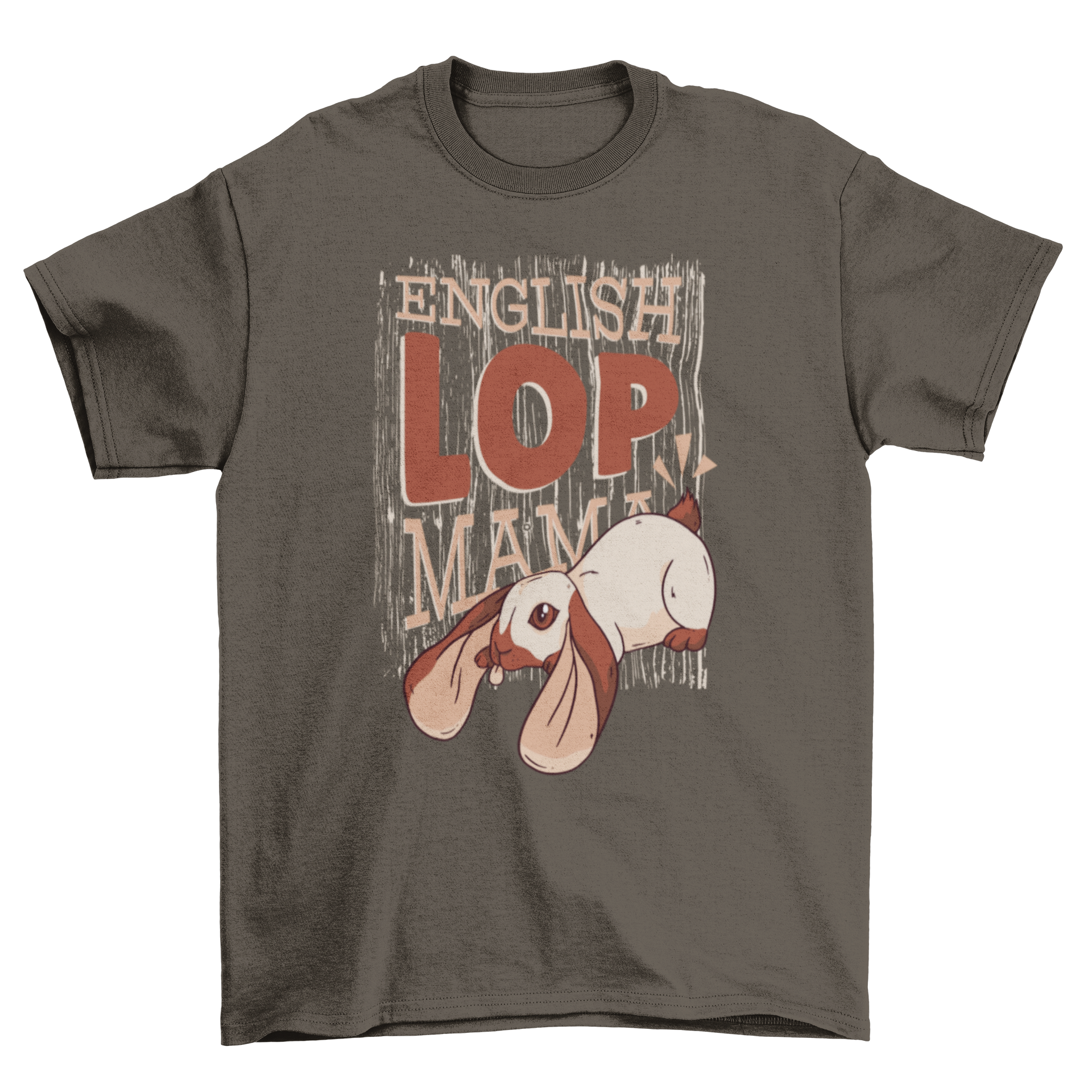A stylish English Lop Mama T-shirt featuring a brown caption and a cute lop rabbit illustration.